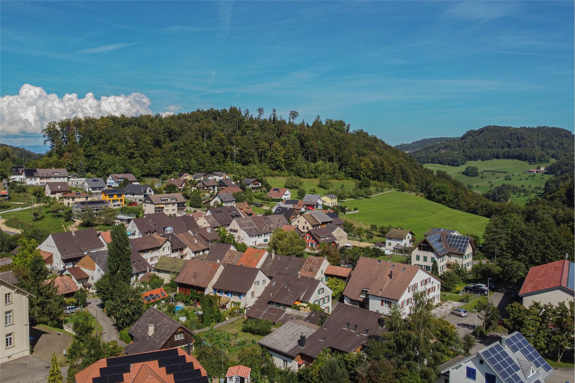 Luftaufnahme eines Dorfes im Grünen