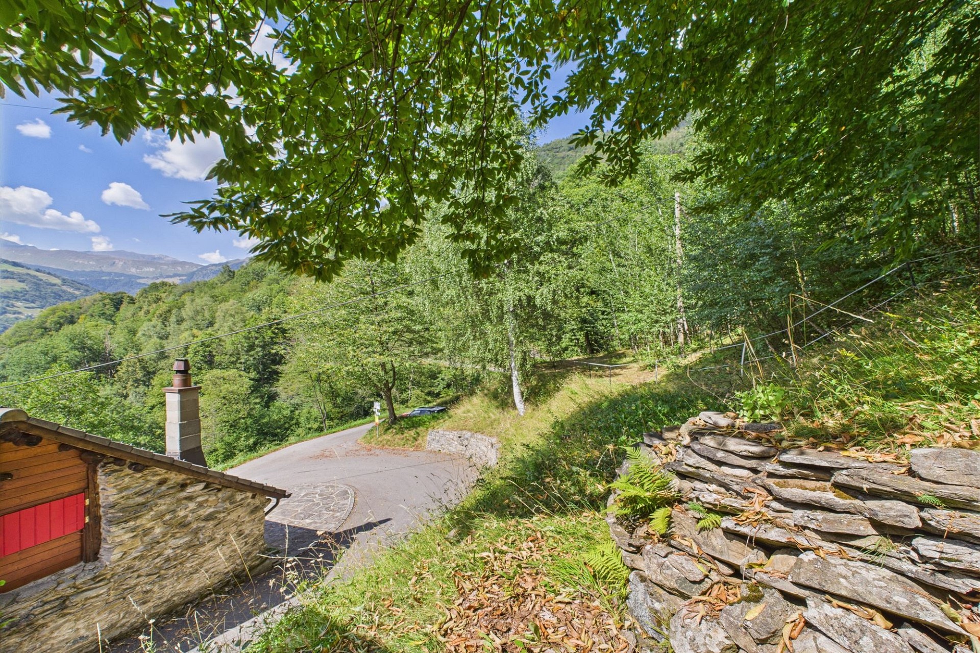 Ländliche Außenansicht mit Wald, Straße und Bergblick