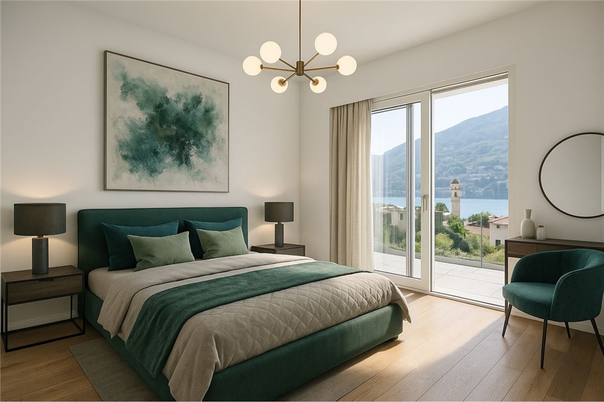 Modernes Schlafzimmer mit Seeblick
