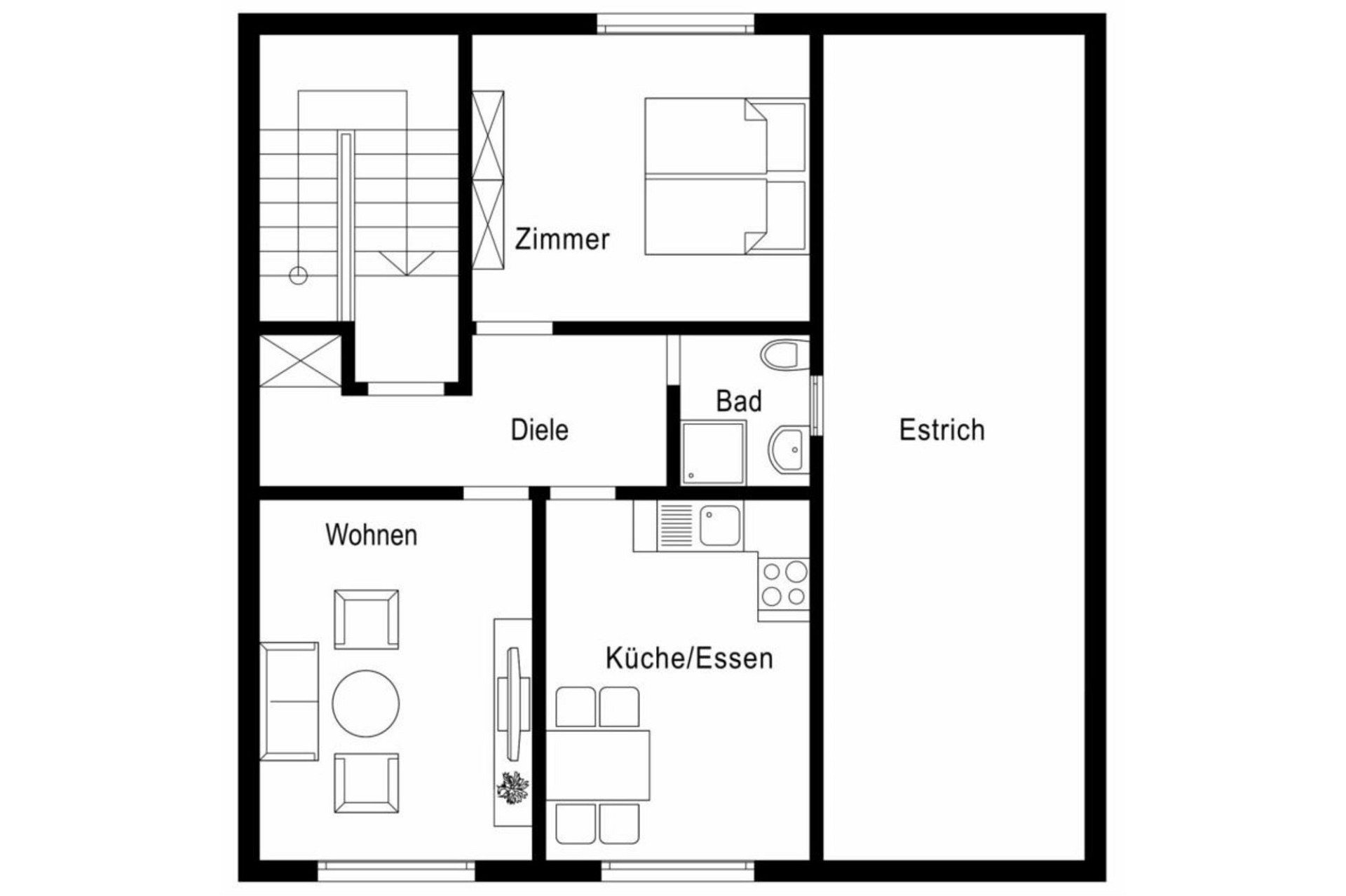 Grundriss einer Wohnung mit Diele, Wohnen, Küche/Essen, Bad, Zimmer und Estrich