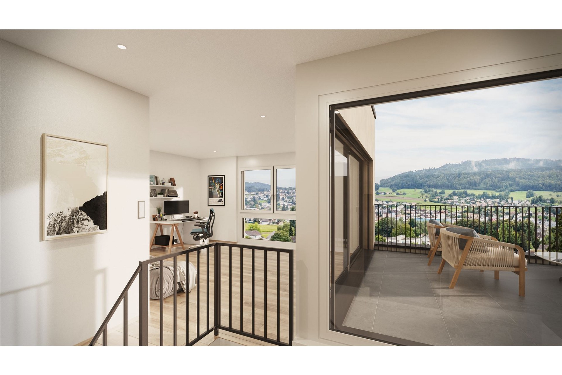 Modernes Wohn- und Arbeitsbereich mit Balkonblick