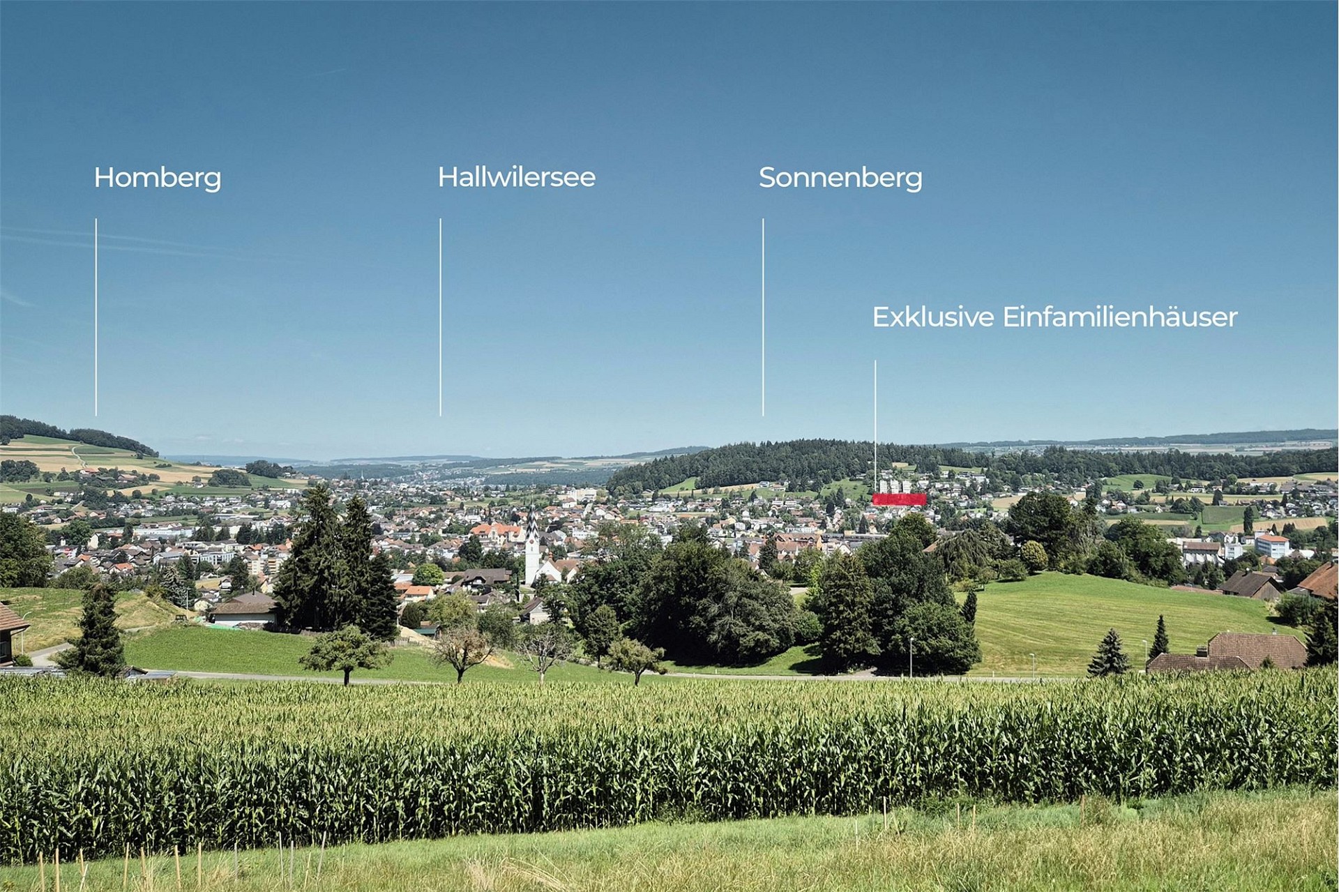 Panoramablick über eine ländliche Siedlung mit Beschriftungen