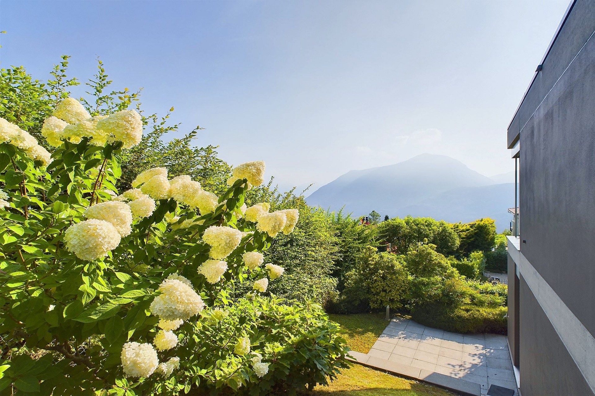 Garten mit Bergblick neben moderner Fassade
