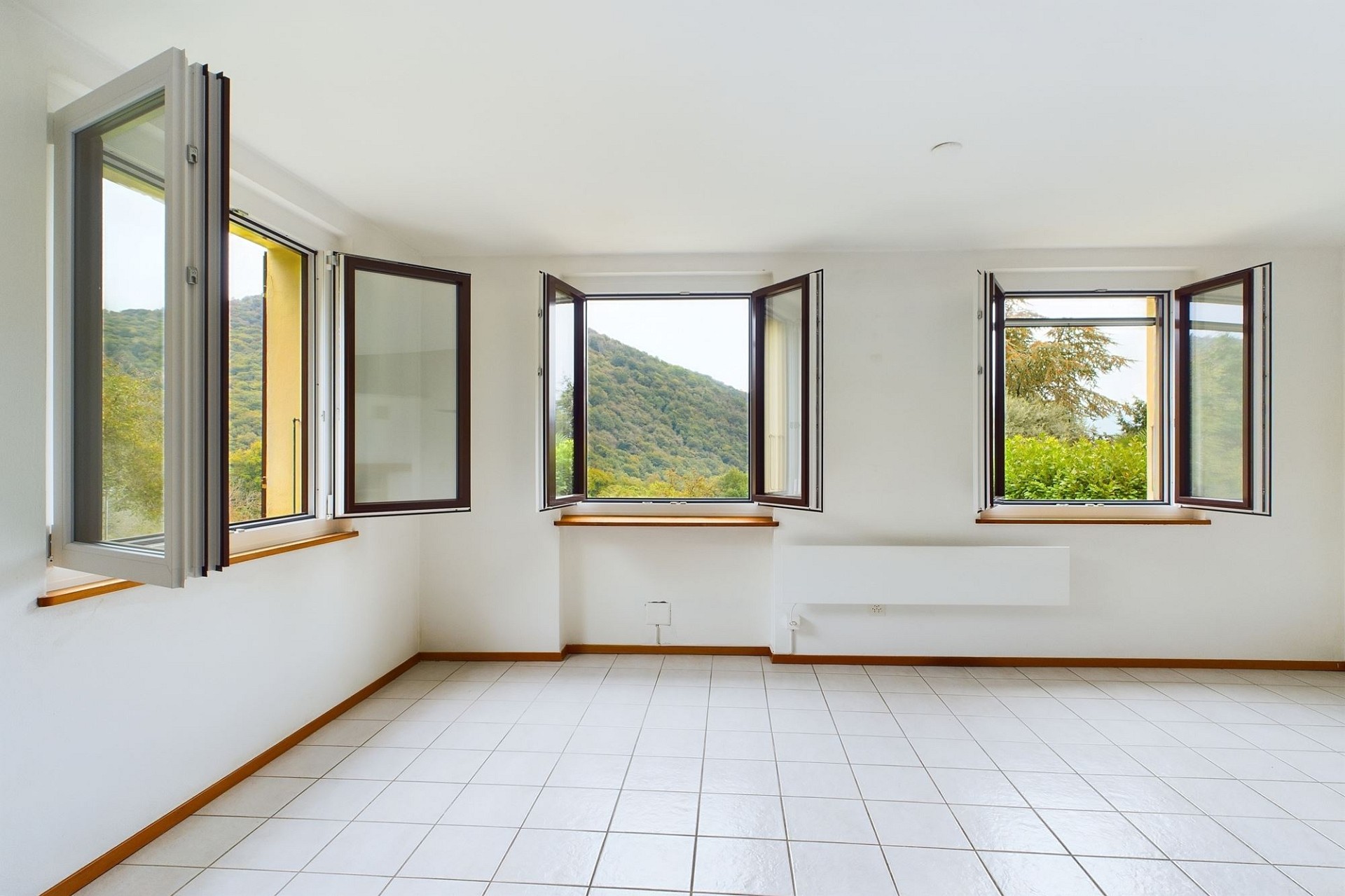 Heller leerer Raum mit großen Fenstern und Bergblick