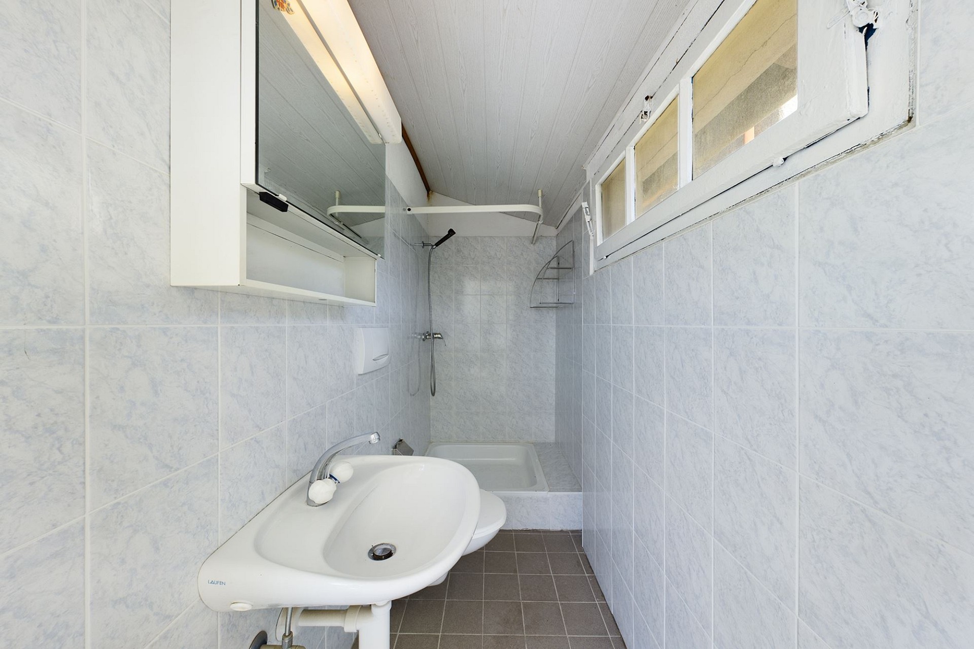 Kleines Badezimmer mit Dusche und Waschbecken
