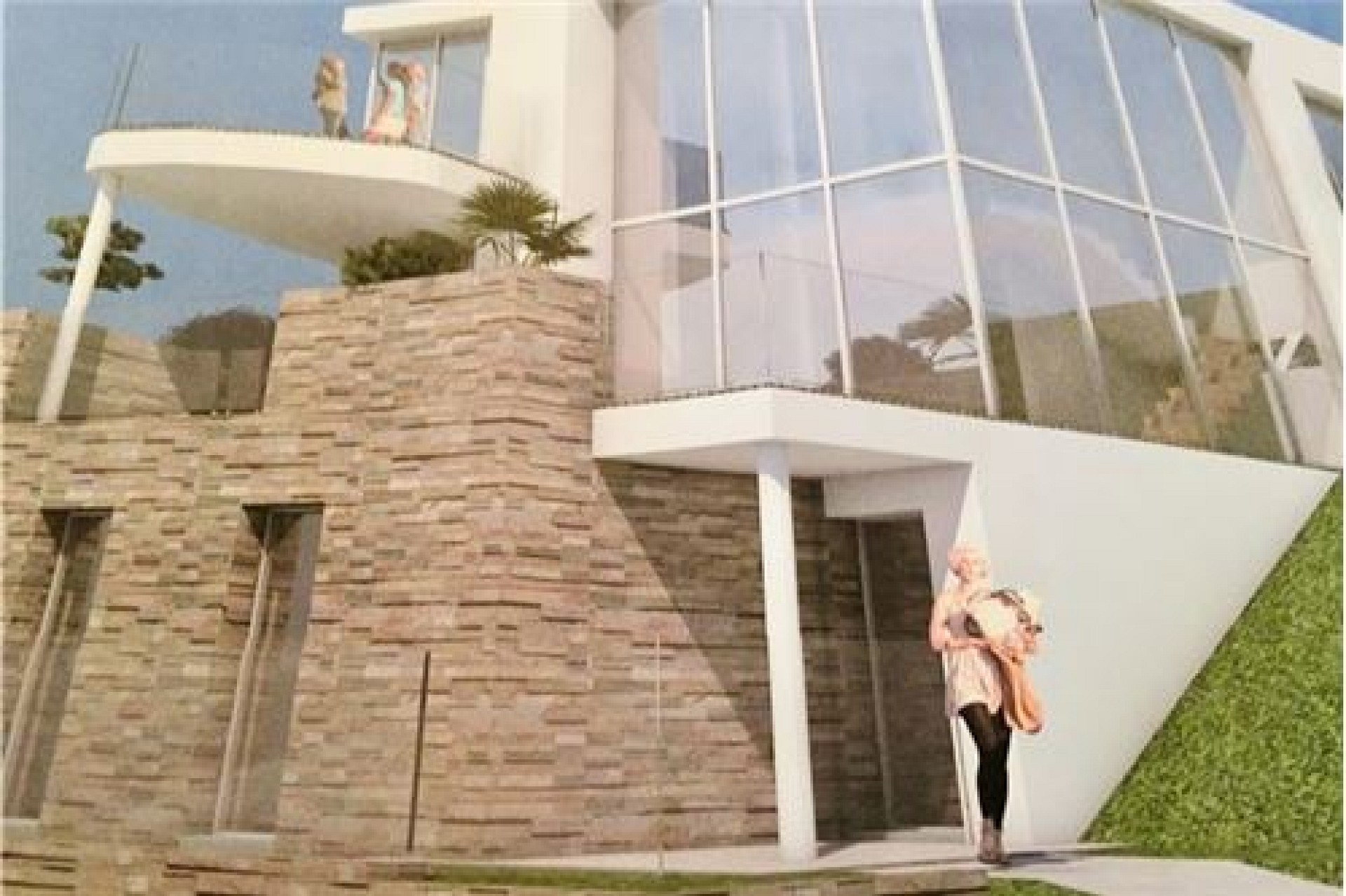 Moderne Villenfassade mit großen Glasflächen