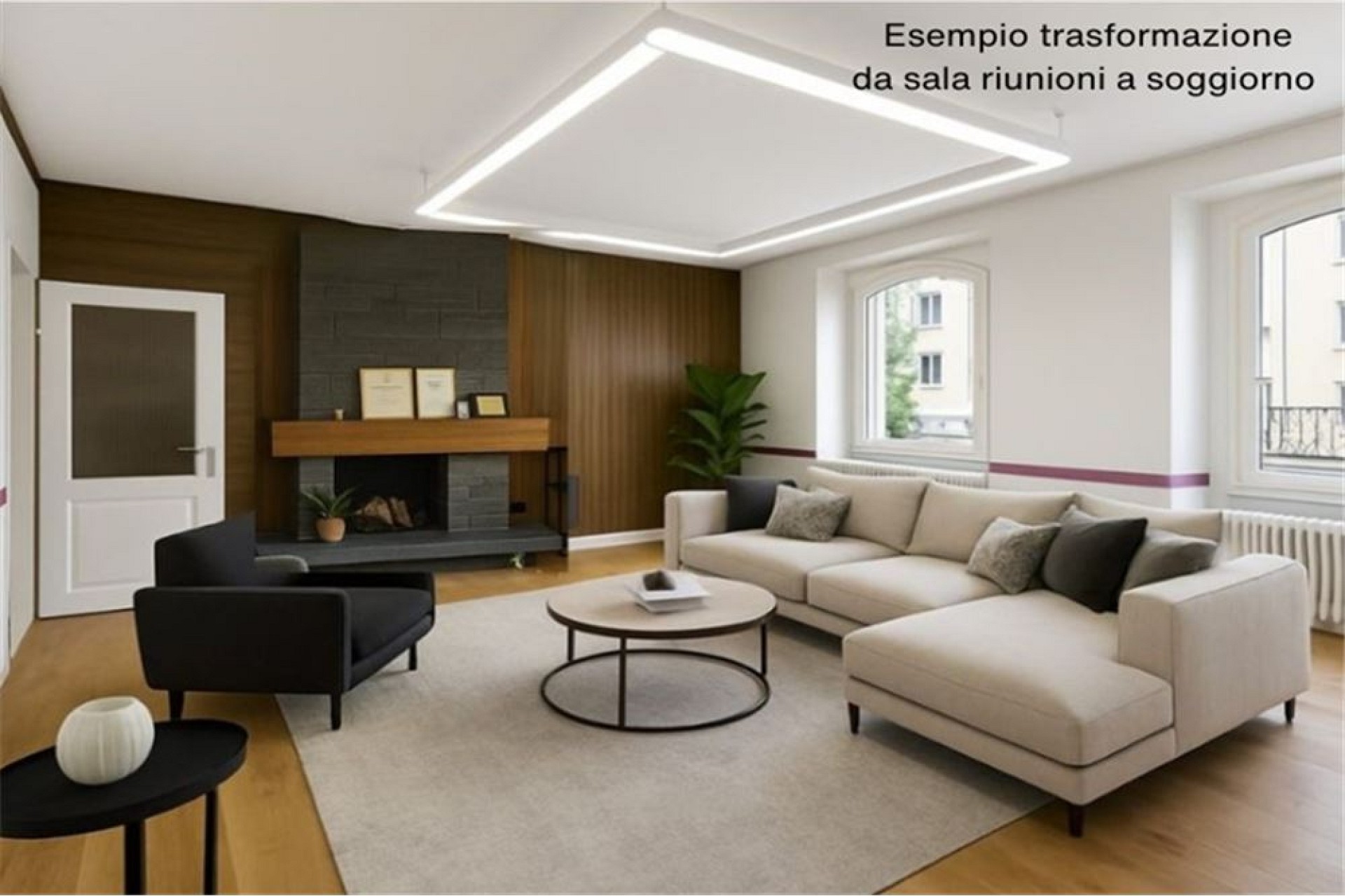 Modernes Wohnzimmer mit Kamin und Designmöbeln
