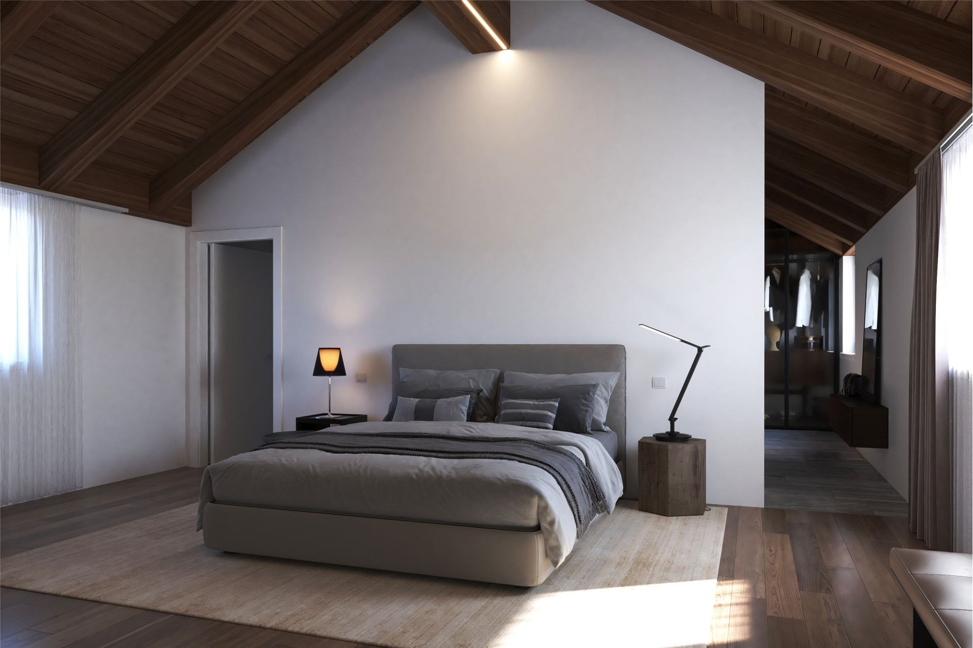 Modernes Schlafzimmer mit sichtbarem Holzdachstuhl
