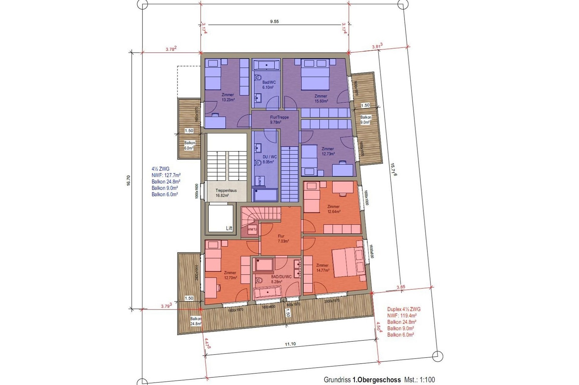 Grundriss eines Duplex-Wohnbereichs im 1. Obergeschoss