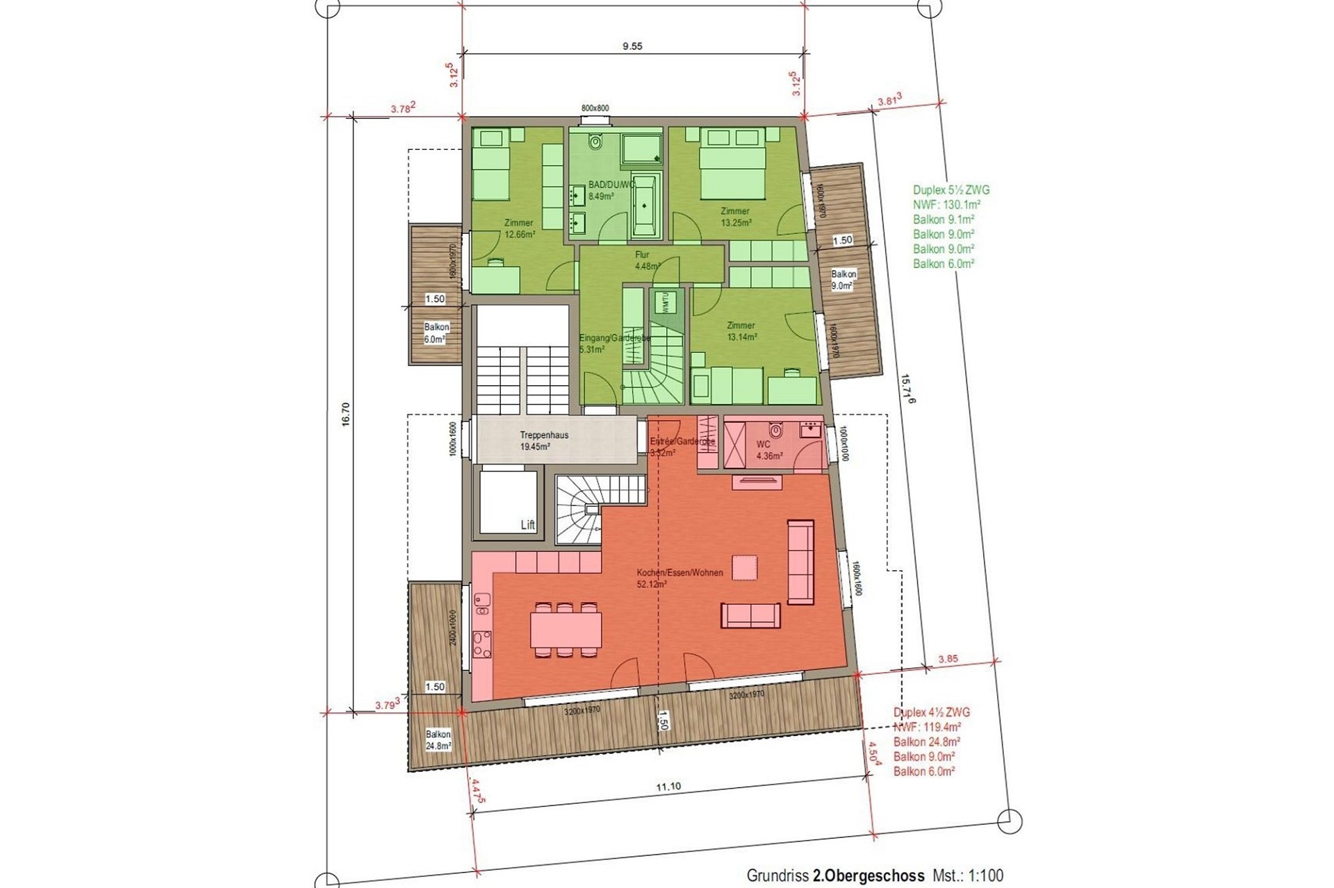 Grundriss einer Duplex-Wohnung im 2. Obergeschoss