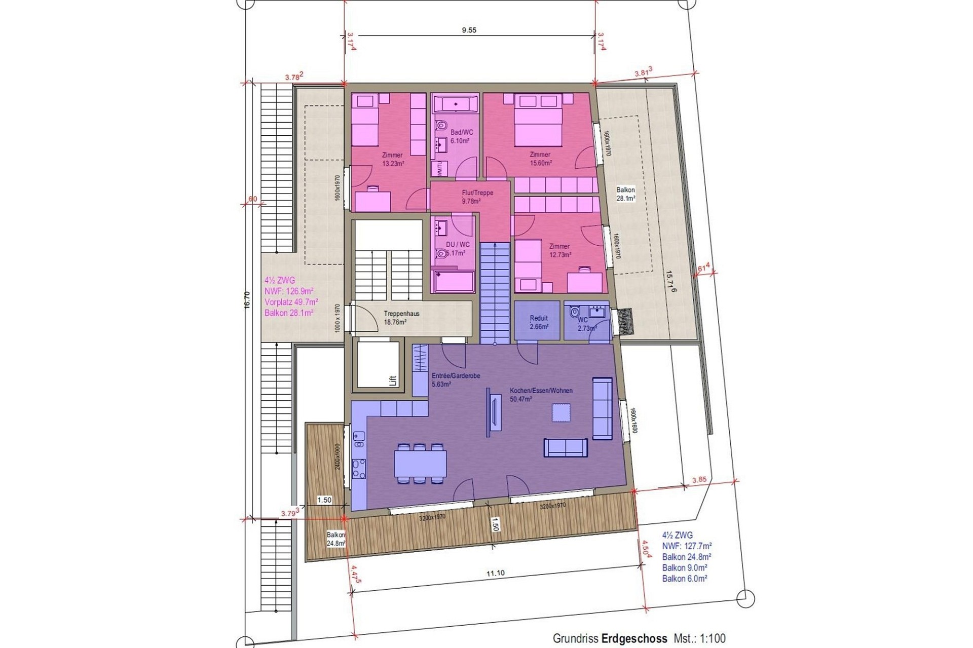 Grundriss einer großzügigen Wohnung mit mehreren Zimmern und Balkonen