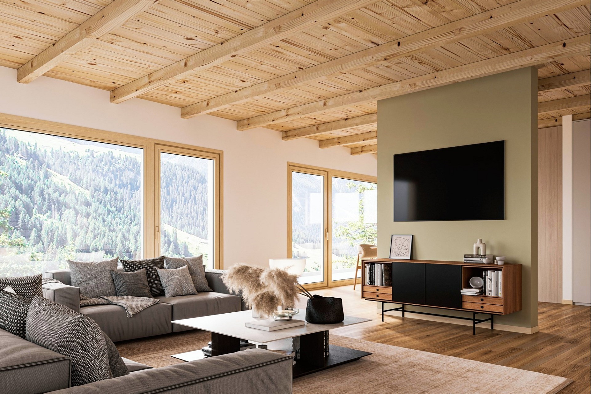 Helles modernes Wohnzimmer mit Bergblick