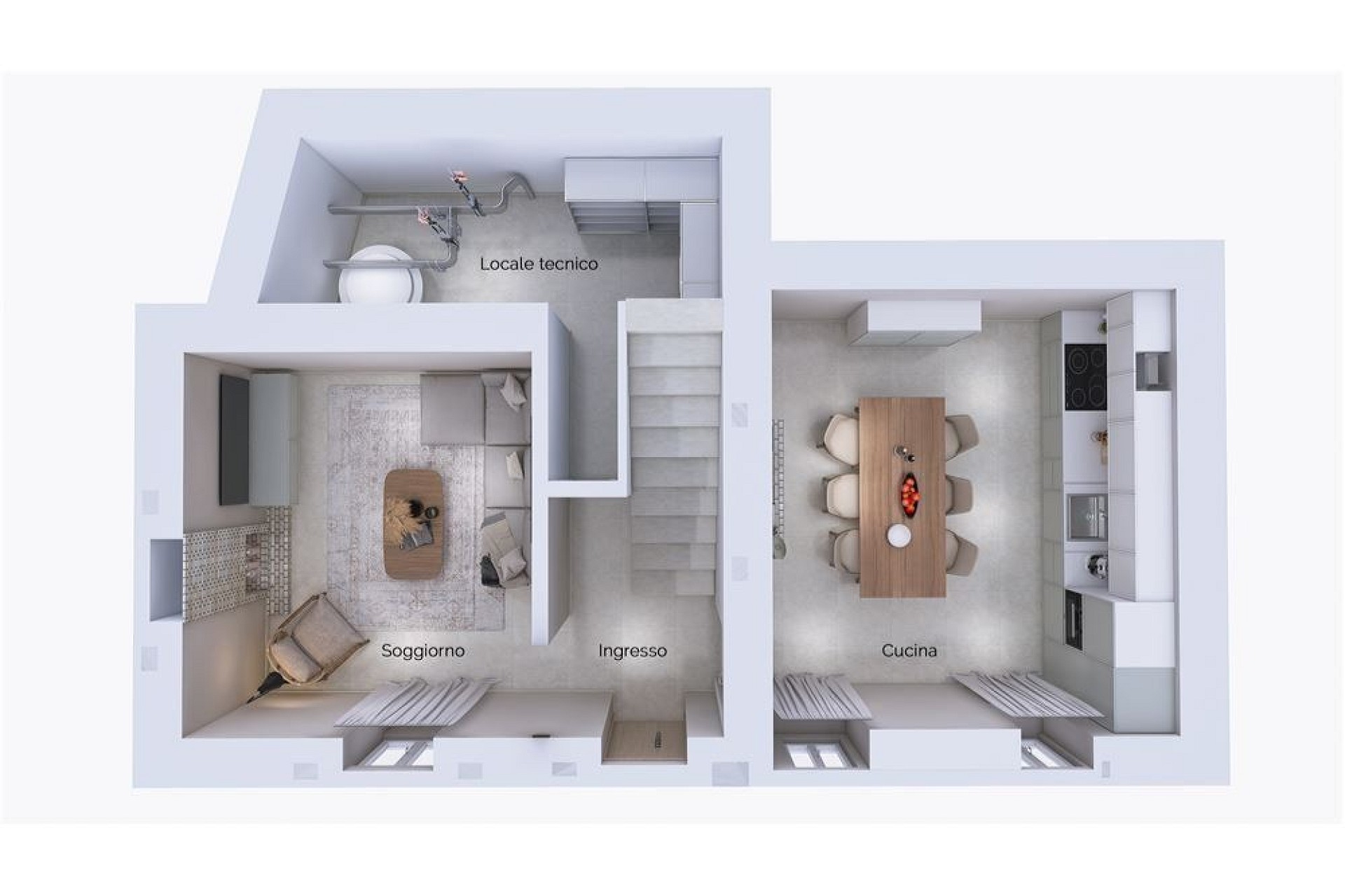 Grundriss mit Wohnzimmer, Küche und Technikraum