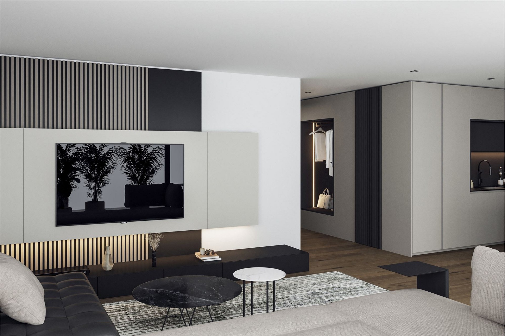 Modernes, minimalistisches Wohnzimmer mit integrierter Küchen- und Ankleidezone