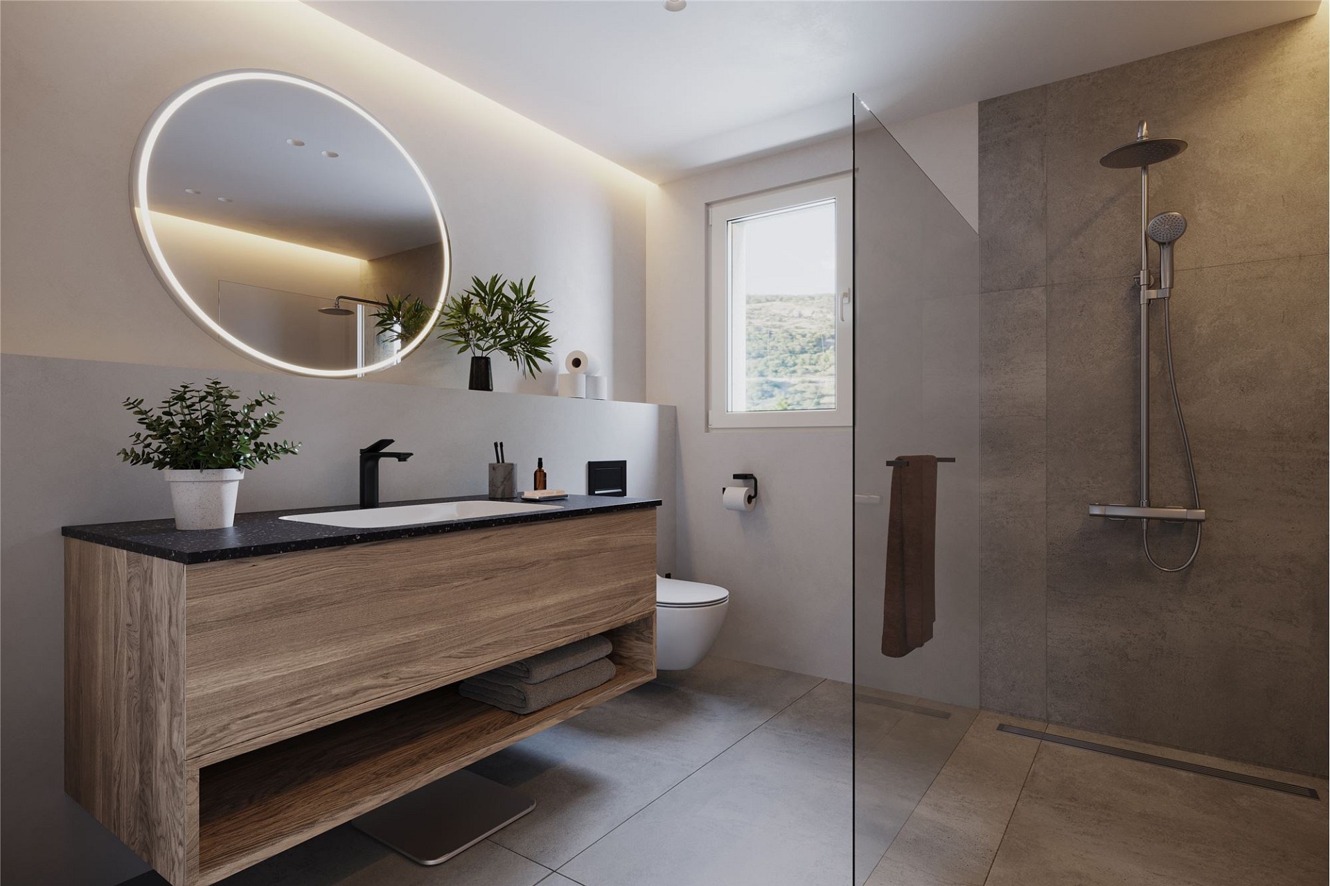 Modernes Badezimmer mit Holz- und Betonoptik