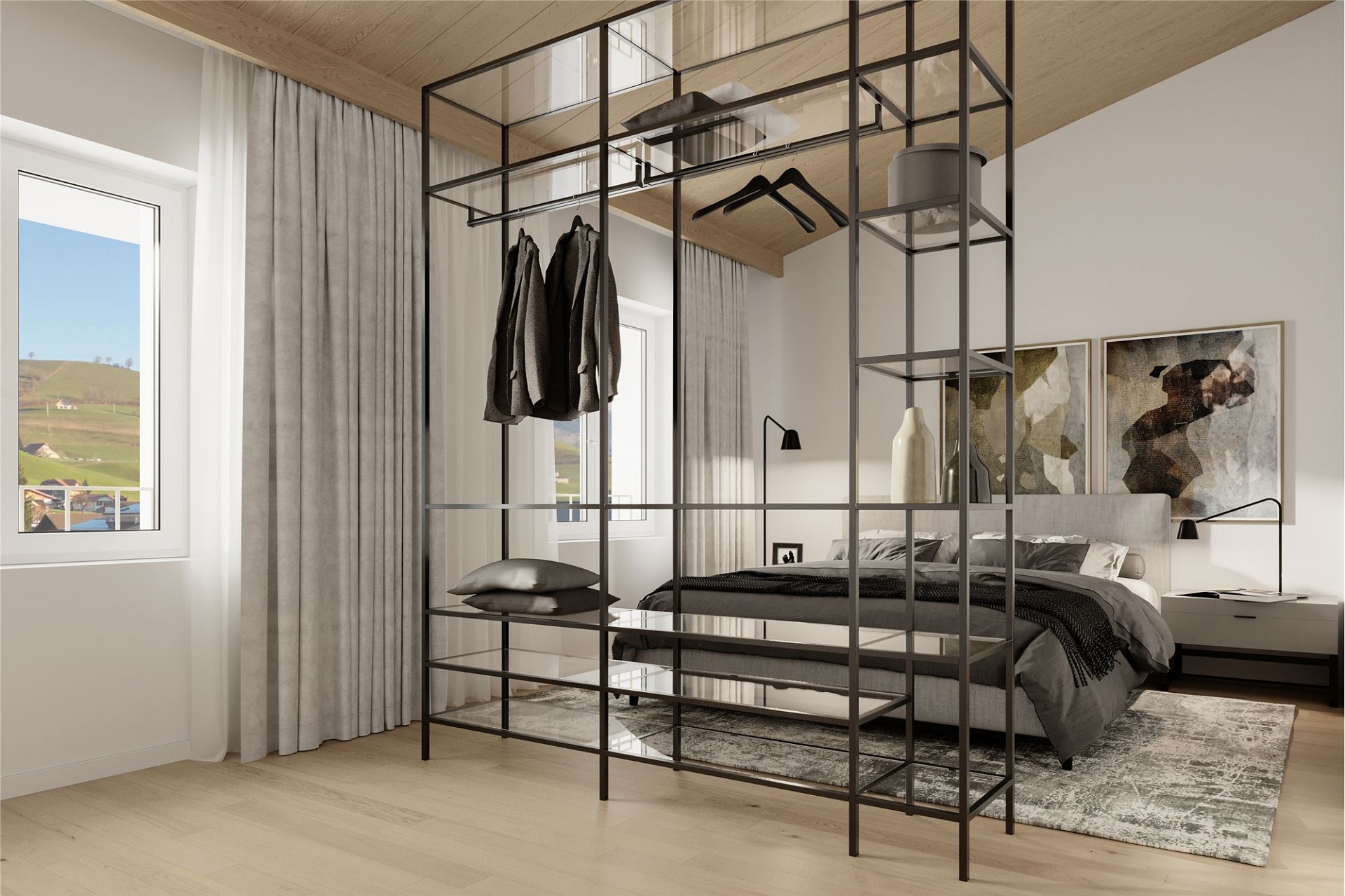 Modernes Schlafzimmer mit offener Ankleide