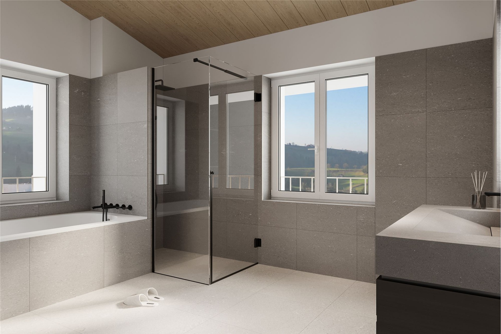 Modernes Badezimmer mit Panoramafenstern