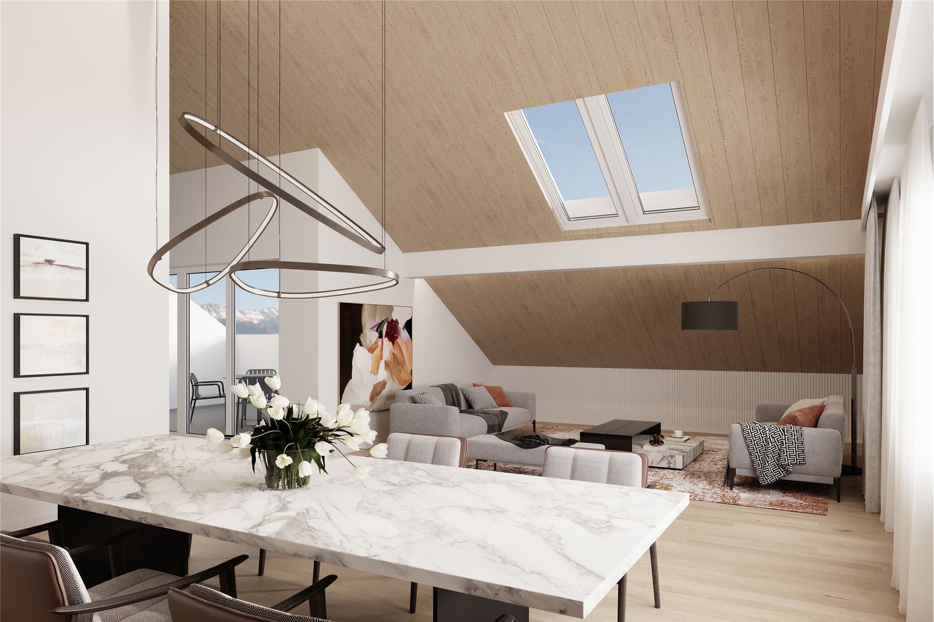 Modernes Dachgeschoss-Wohn- und Esszimmer