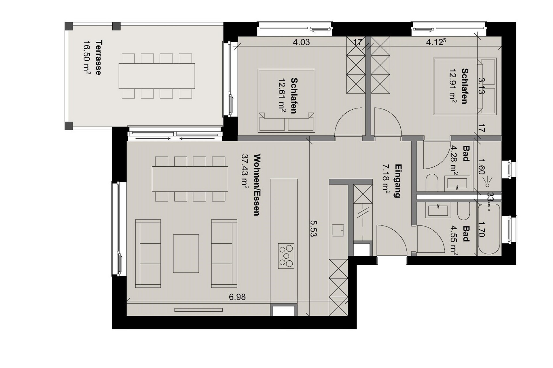 Grundriss einer Wohnung mit Terrasse, Wohn-/Essbereich, Schlafzimmern, Eingang und zwei Bädern