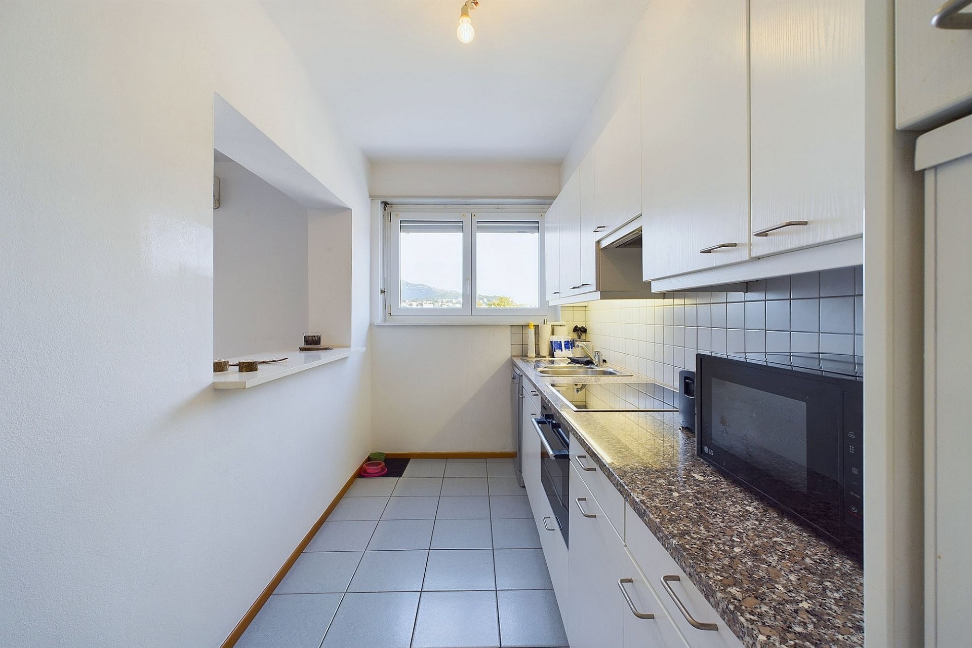 Schmale Einbauküche mit Fenster und Blick ins Freie