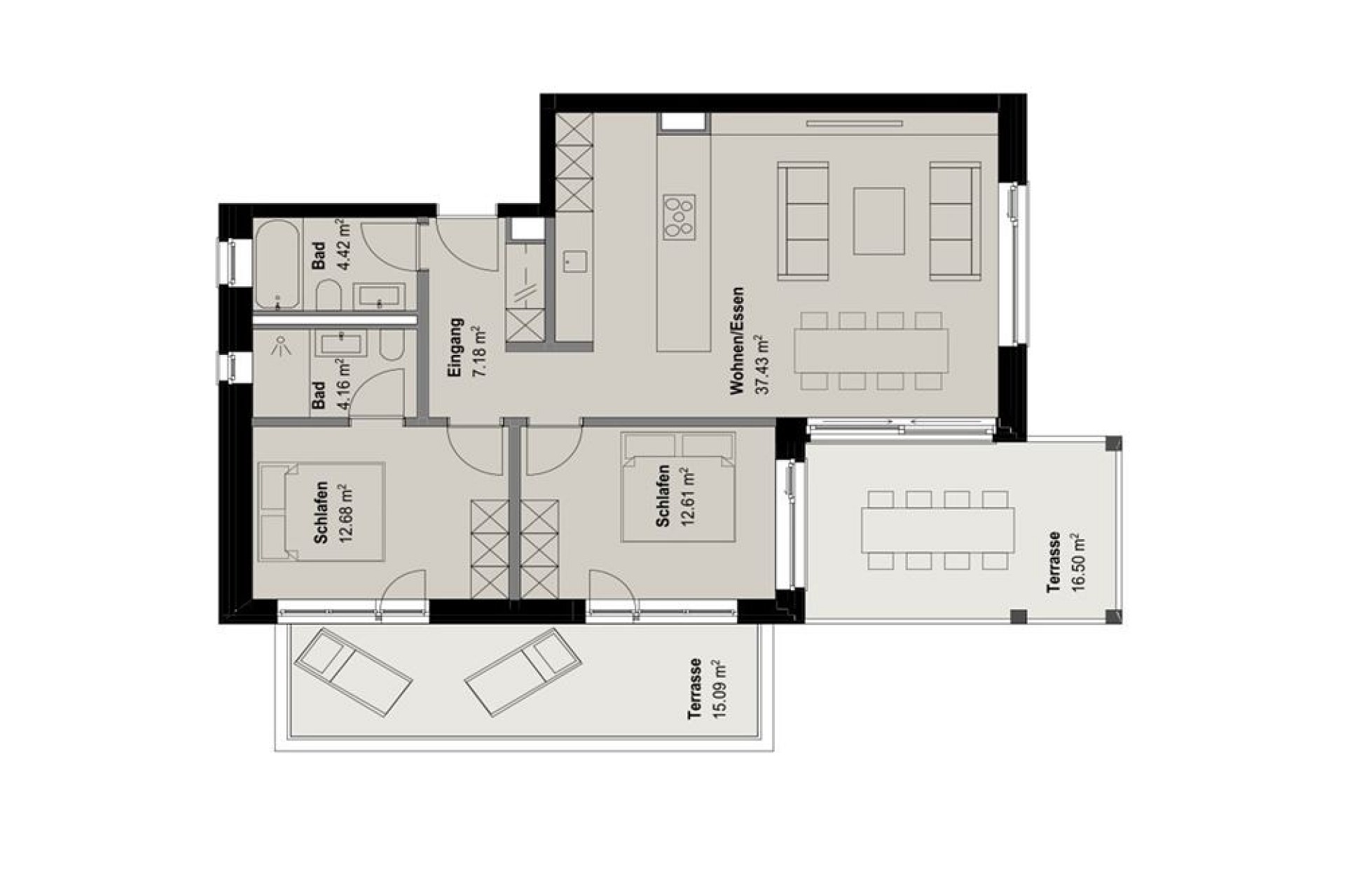 Grundriss einer Wohnung mit Terrasse