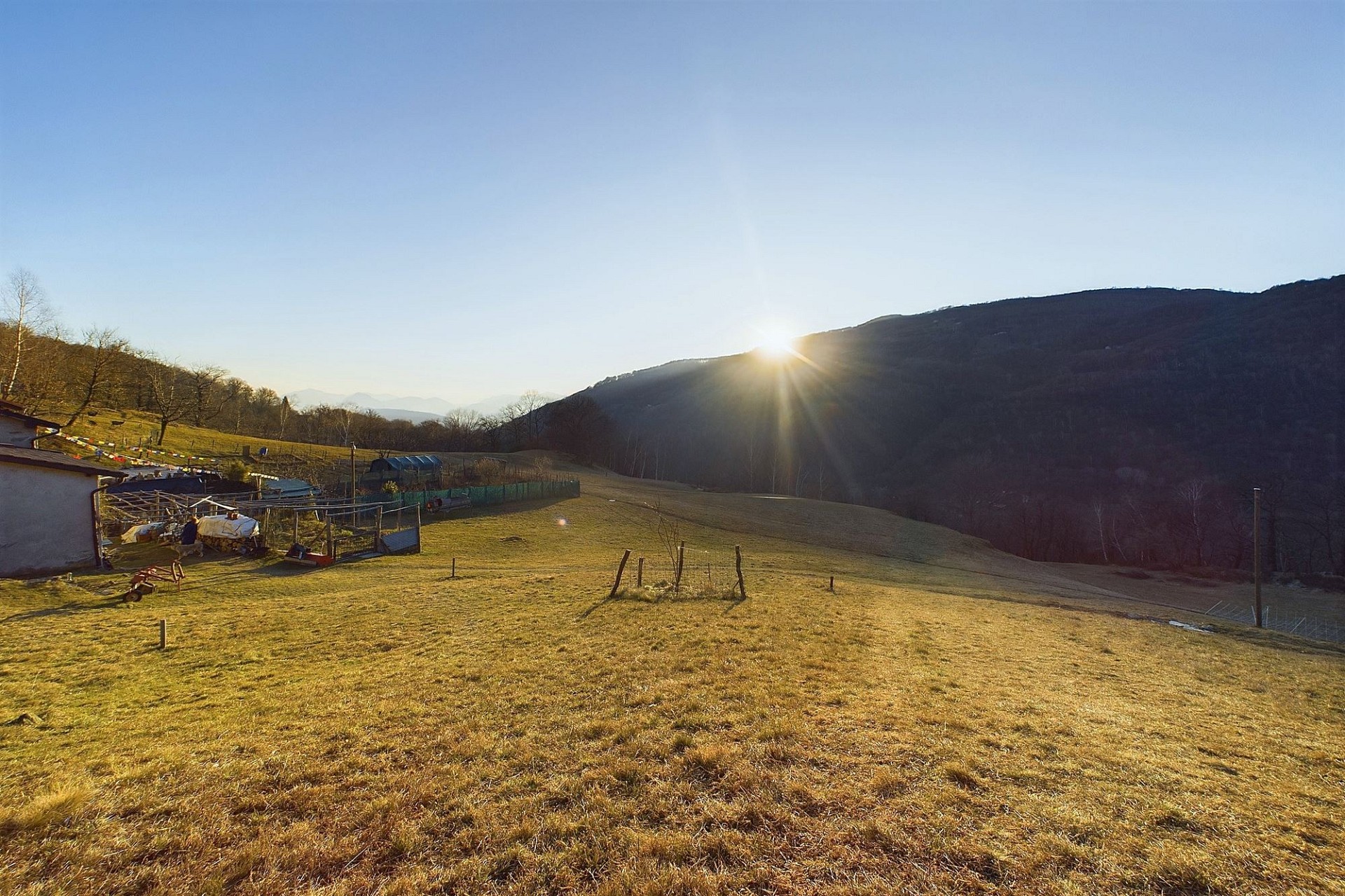 Ländliche Hanglandschaft mit tief stehender Sonne
