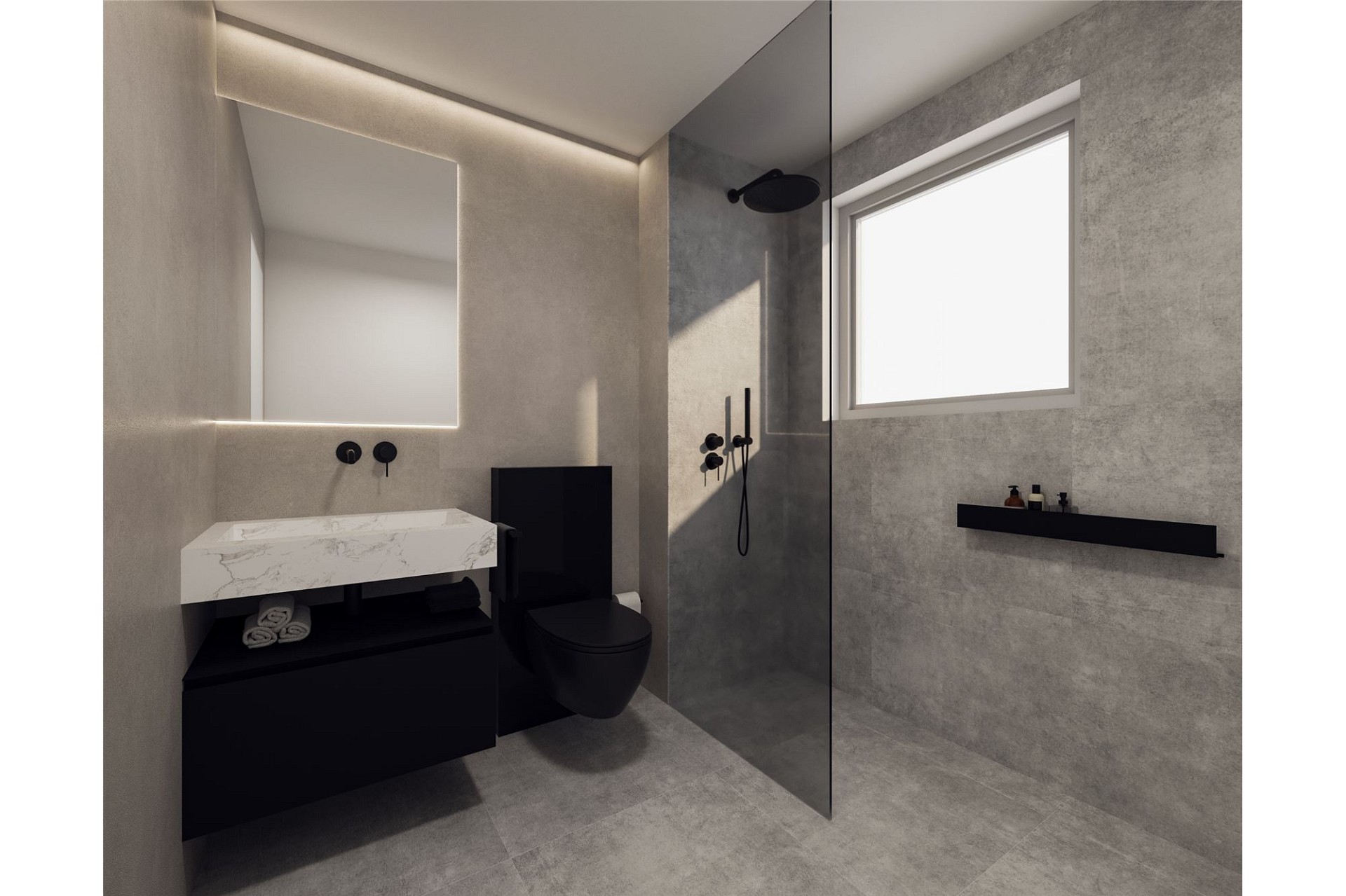 Modernes Badezimmer mit Betonoptik und schwarzer Ausstattung