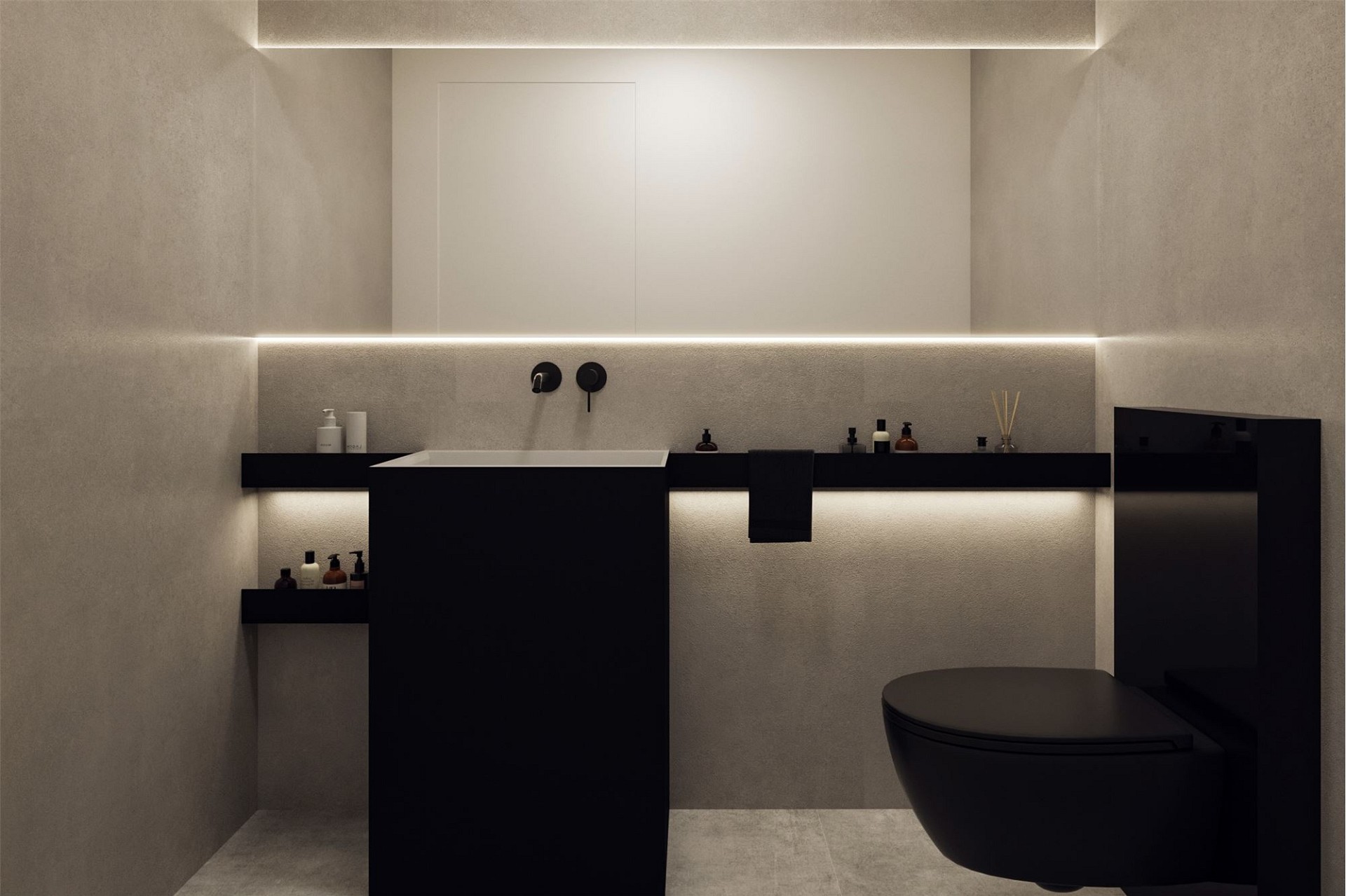 Modernes Badezimmer mit dunkler Ausstattung