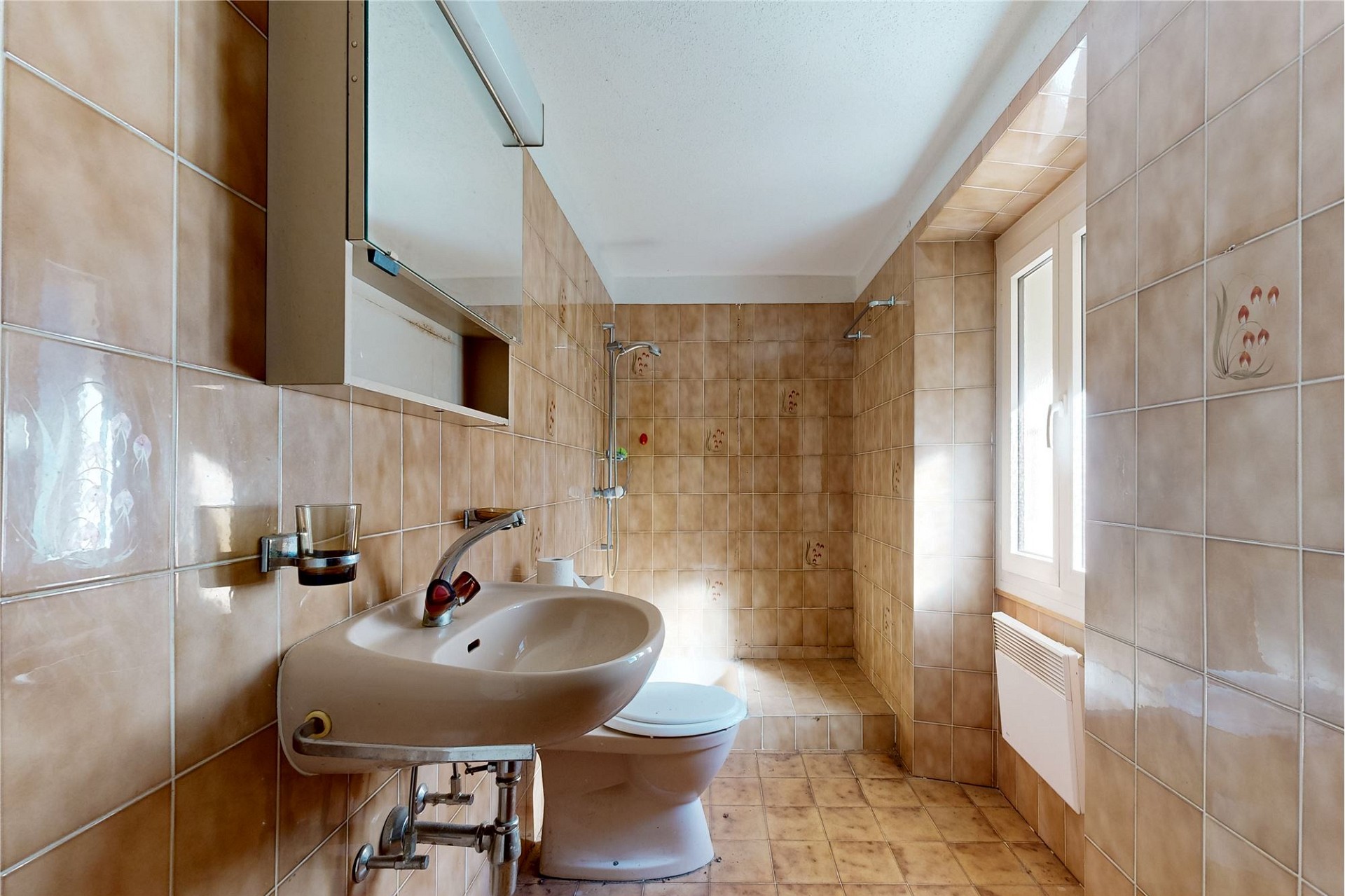 Kleines Badezimmer mit Dusche und Fenster