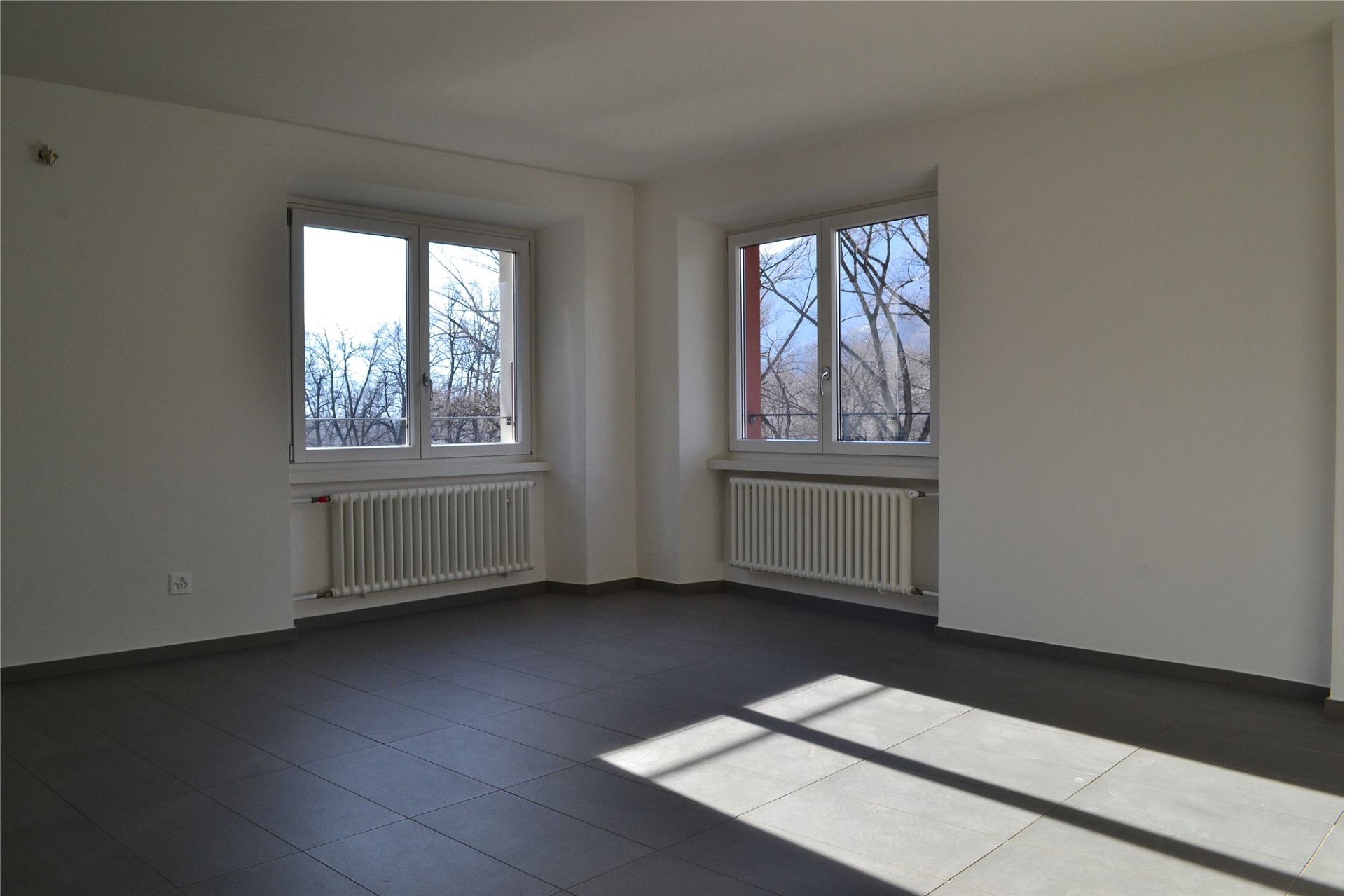 Heller leerer Wohnraum mit zwei Fenstern und Heizkörpern