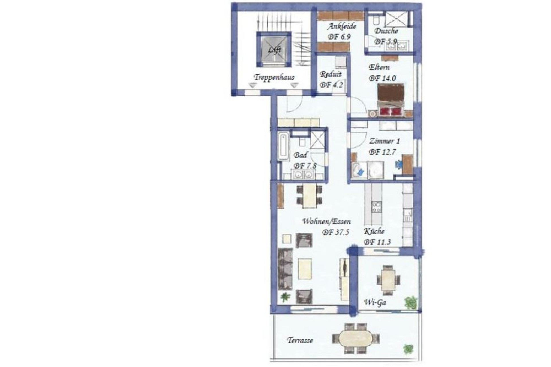 Grundriss einer Wohnung mit Terrasse