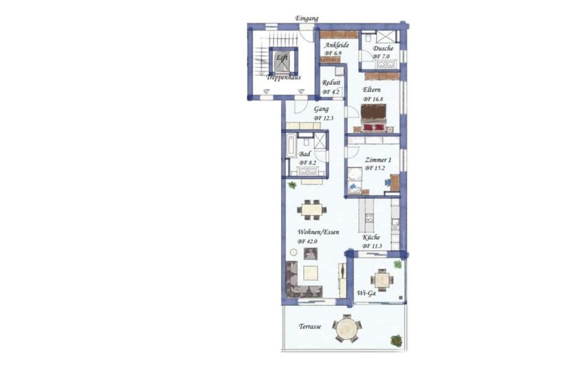 Grundriss einer Wohnung mit Terrasse