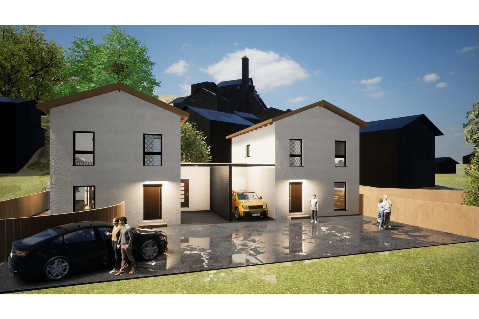 Moderne Doppelhaus-Ansicht mit Innenhof