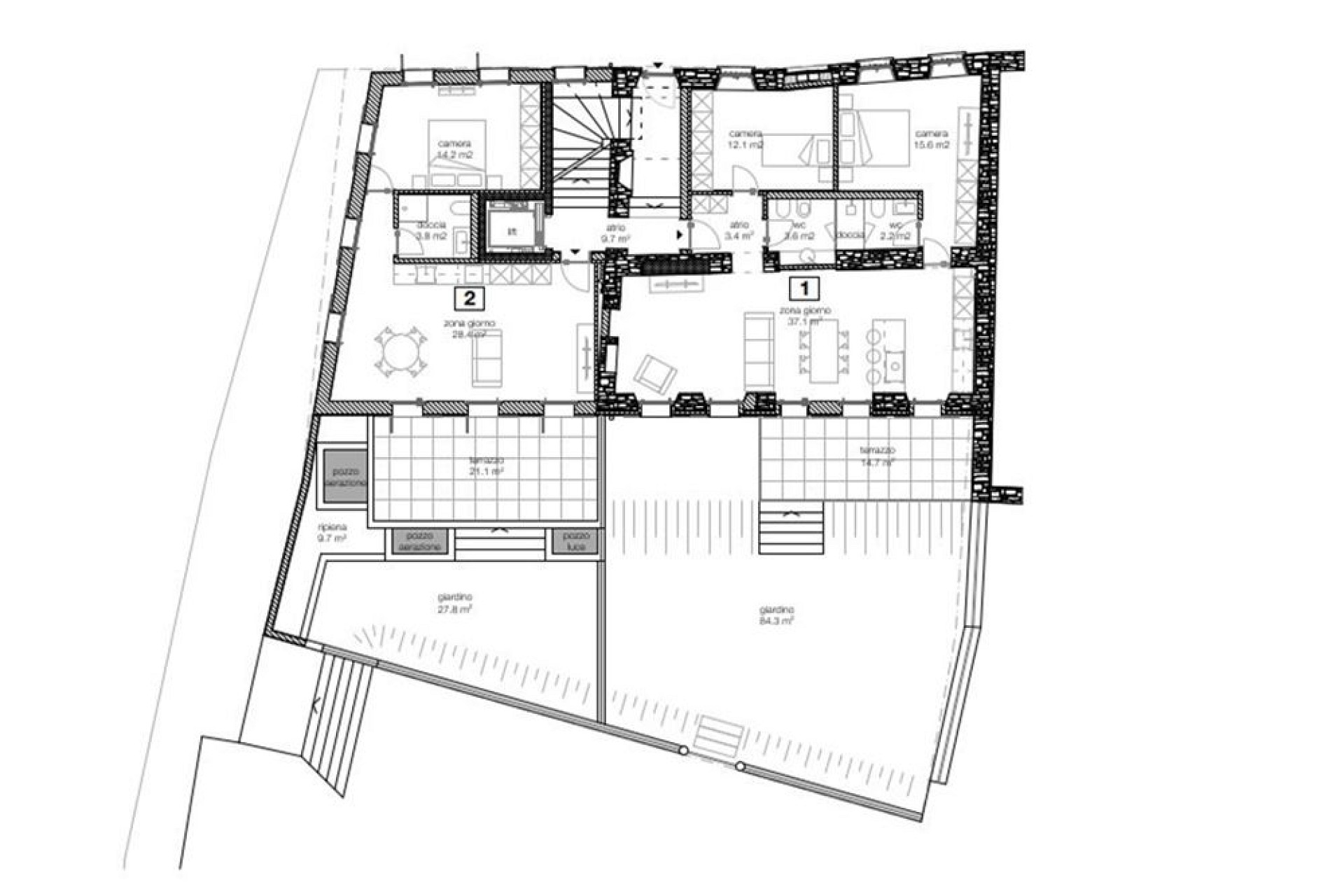 Grundriss einer Wohnung mit Gartenflächen