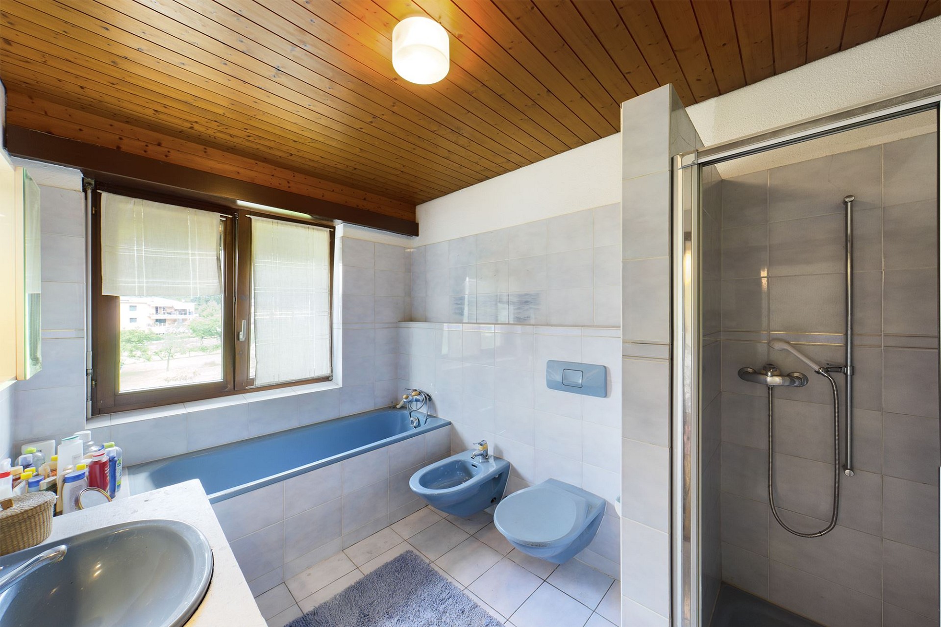 Badezimmer mit Badewanne, Dusche und Dachholzdecke