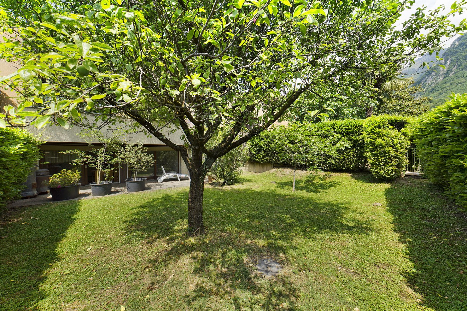 Garten mit Hausansicht und Bergkulisse