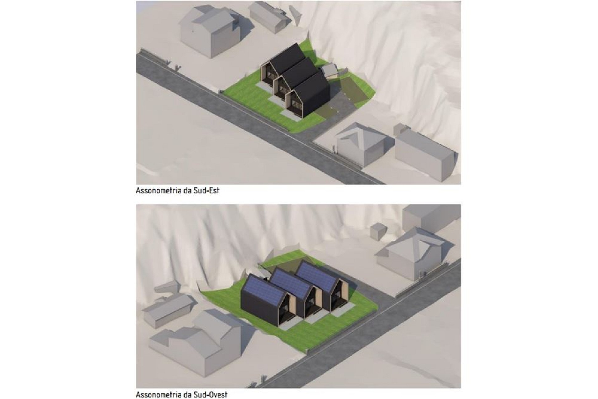 Architektur-Visualisierung mit drei Gebäudekörpern