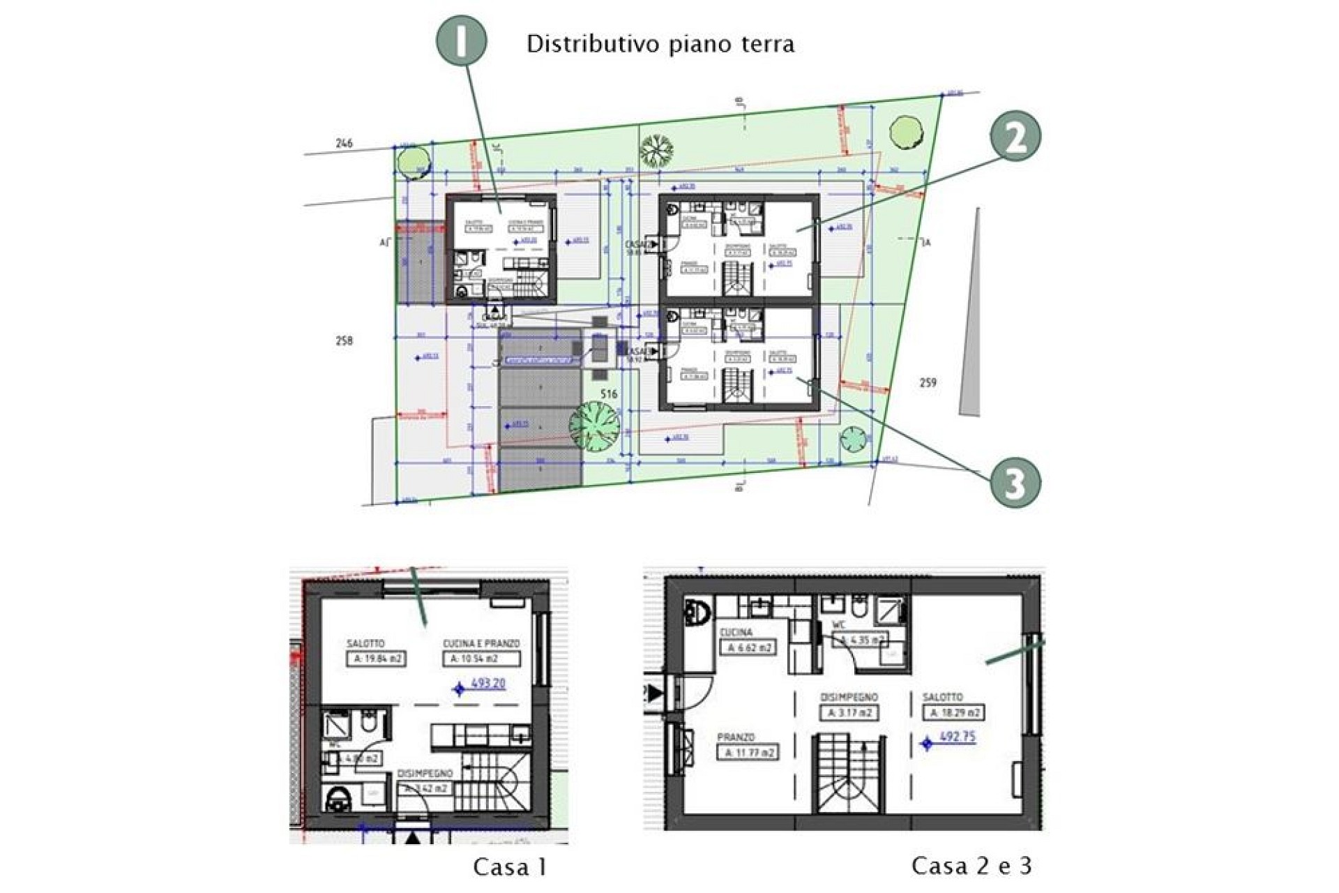 Grundriss mit drei Hausvarianten und Grundstücksaufteilung