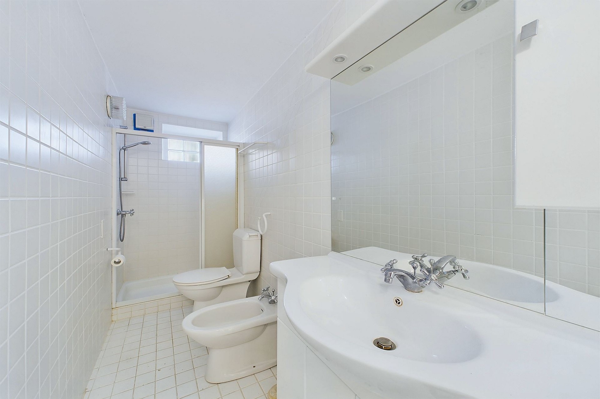 Kleines weißes Badezimmer mit Dusche und Doppelwaschtisch
