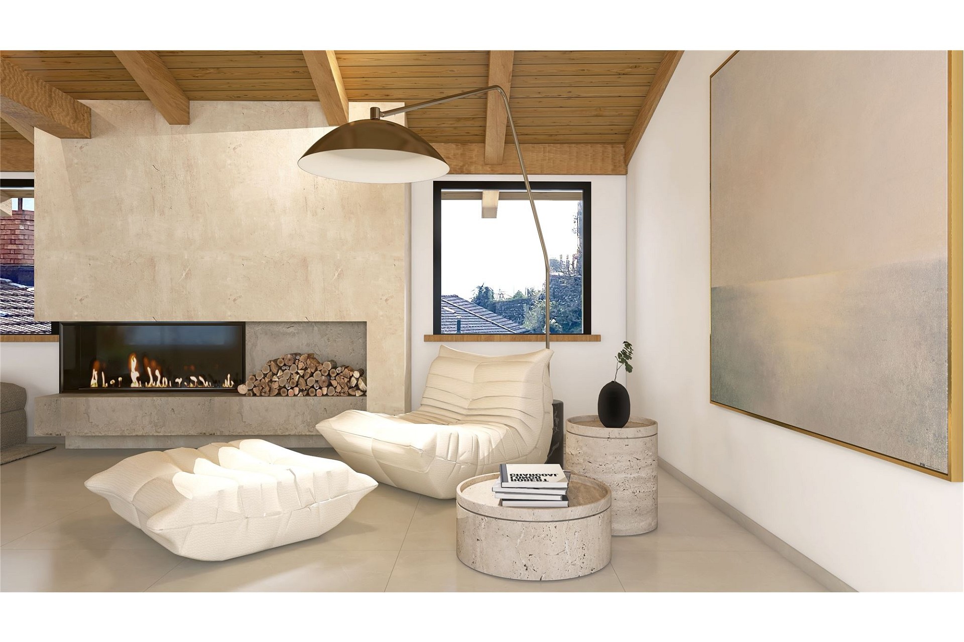 Modernes Wohnzimmer mit Kamin und Holzdecke