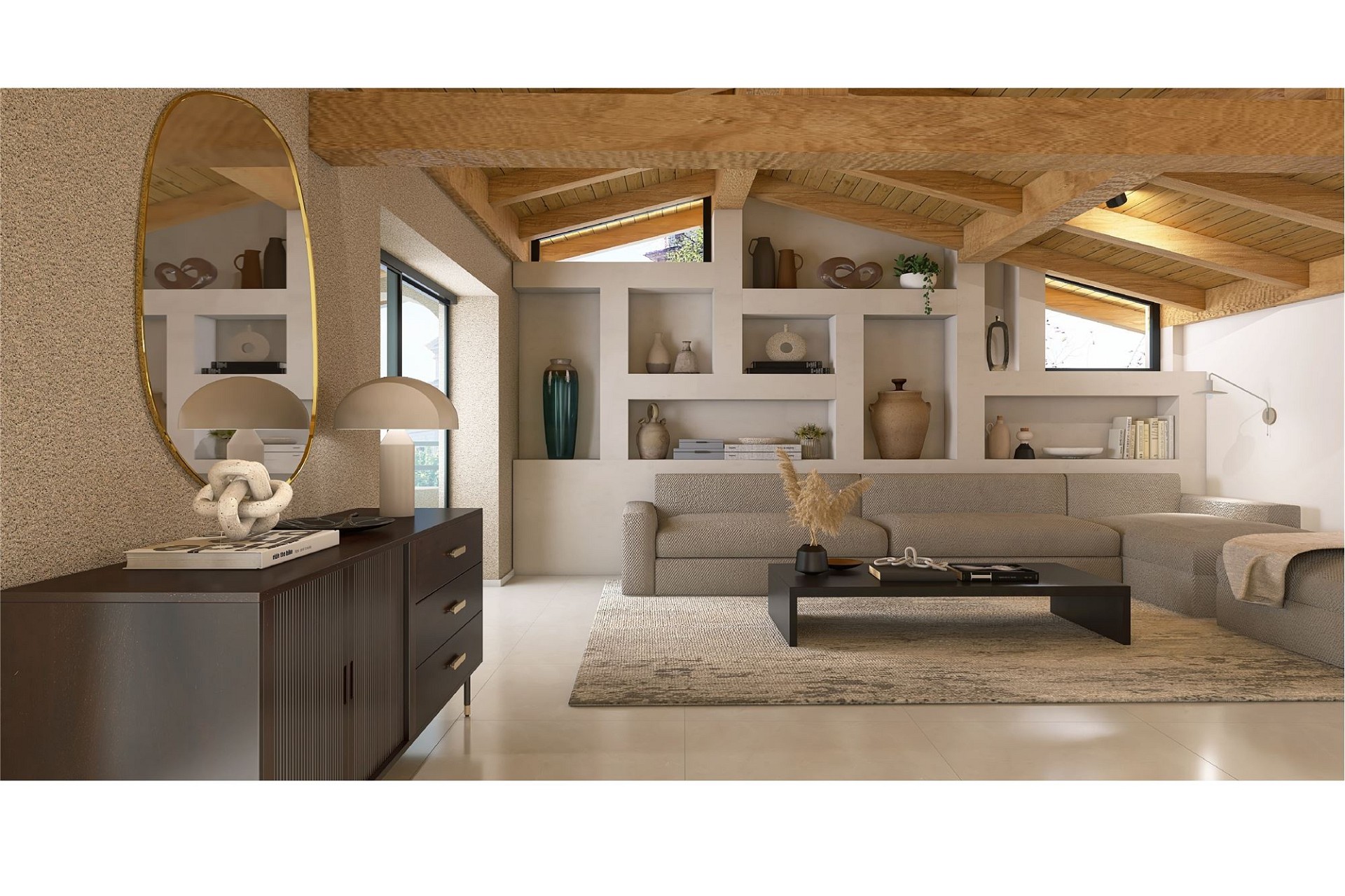 Wohnzimmer mit sichtbaren Holzbalken und Design-Möblierung