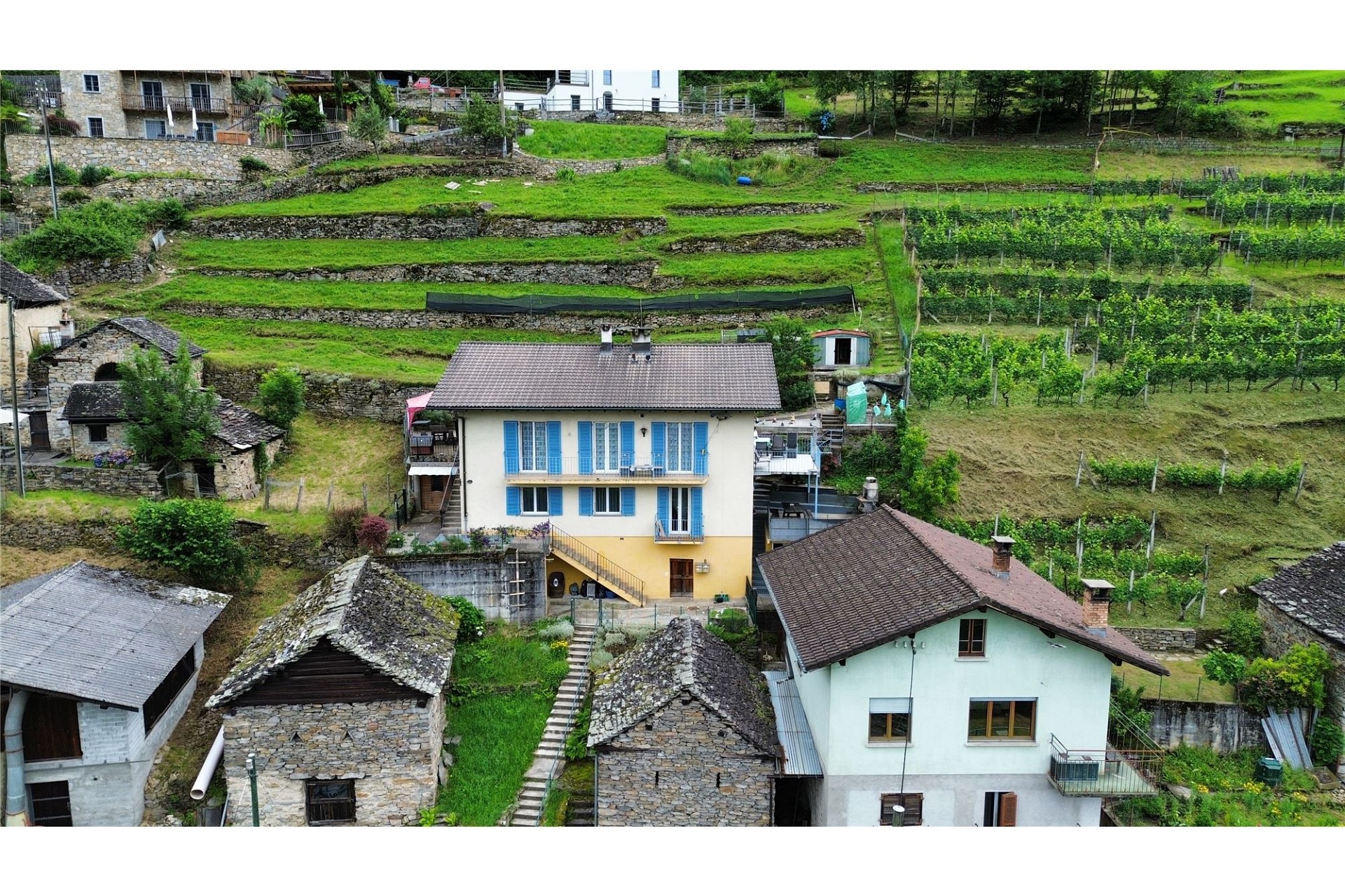 Luftaufnahme eines terrassierten Hanggrundstücks mit Wohnhäusern