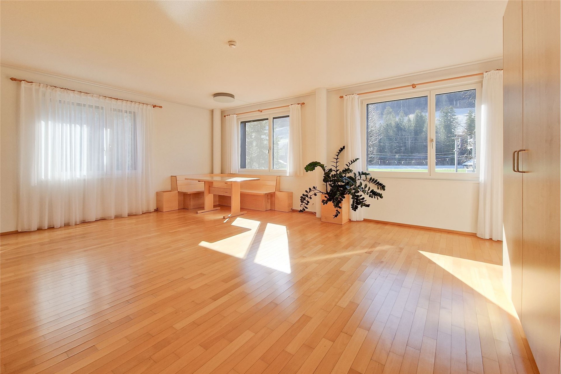Heller leerer Wohnraum mit Holzfußboden und großen Fenstern