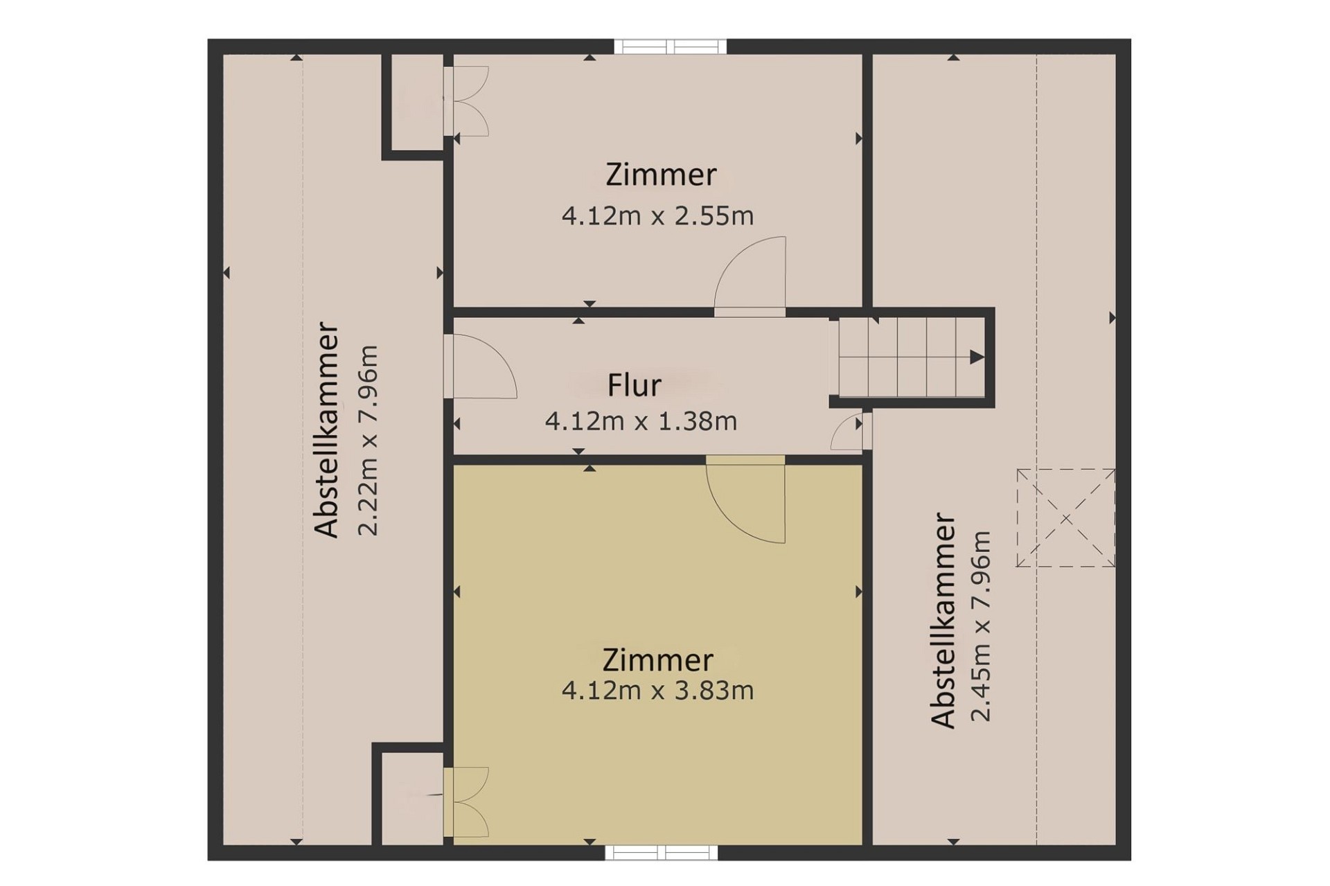 Grundriss eines Dachgeschosses mit zwei Zimmern, Flur und Abstellkammern