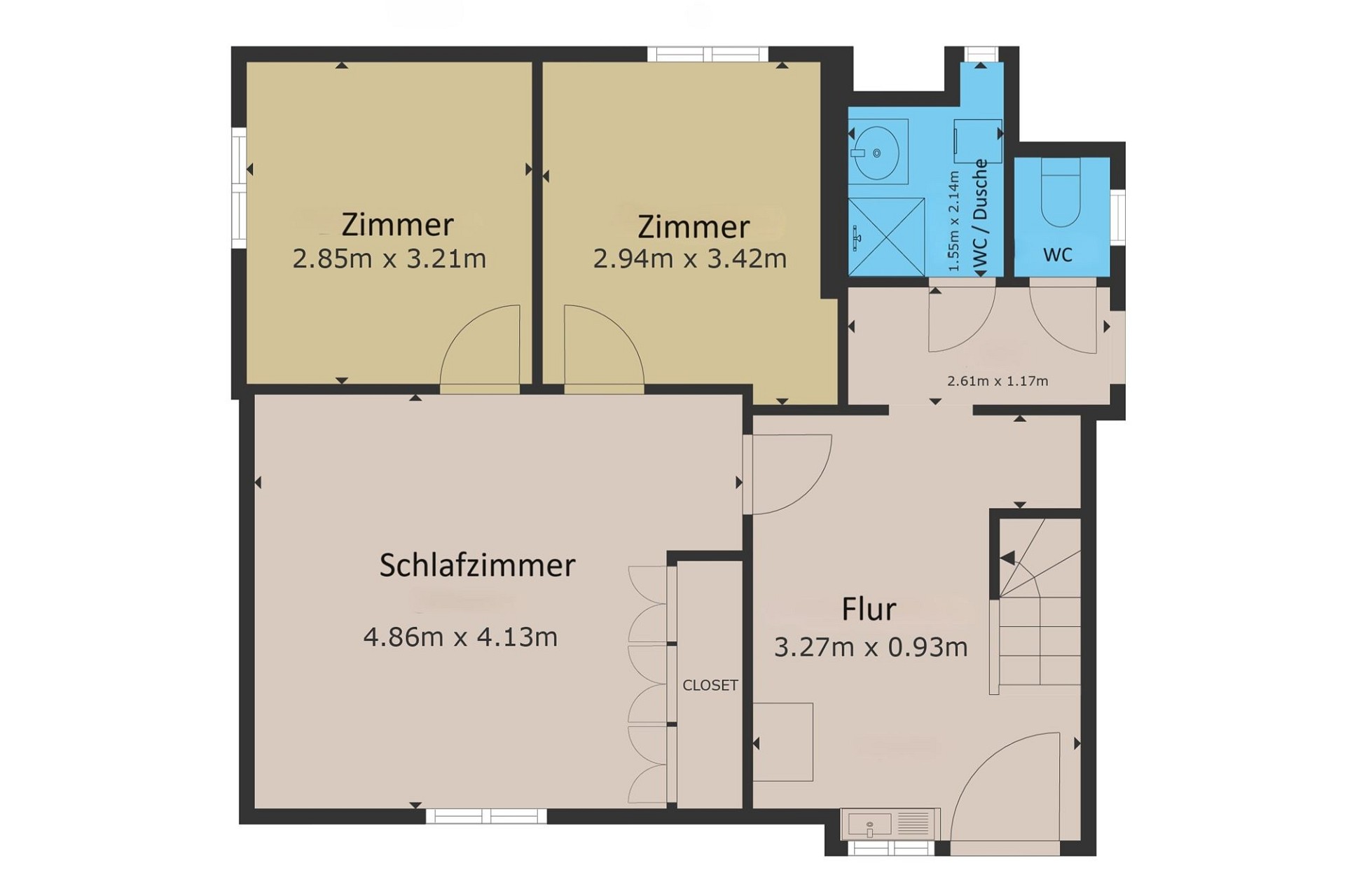Grundriss einer Etage mit Schlafzimmer, Zimmern, Flur, Bad und WC