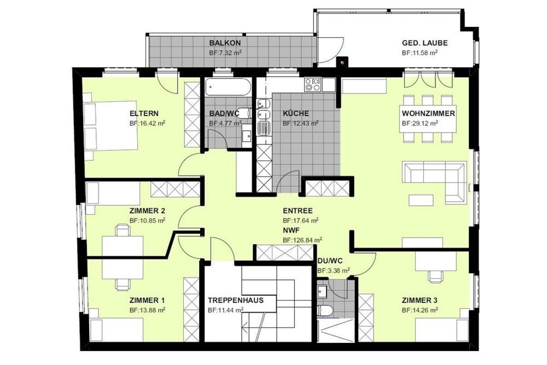 Grundriss einer Wohnung mit Balkon und Dachlaube