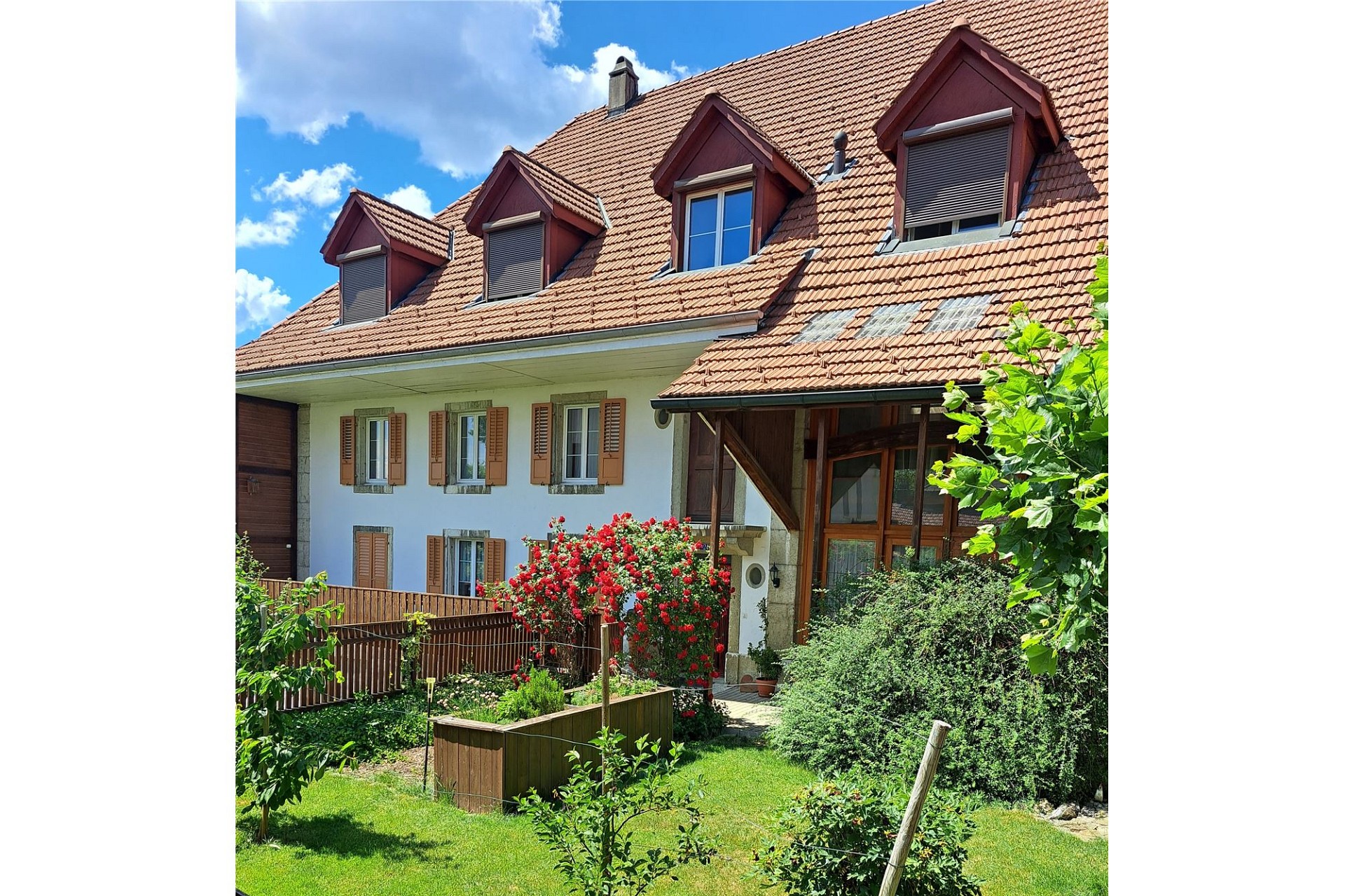 Einfamilienhaus mit rotem Ziegeldach und Garten