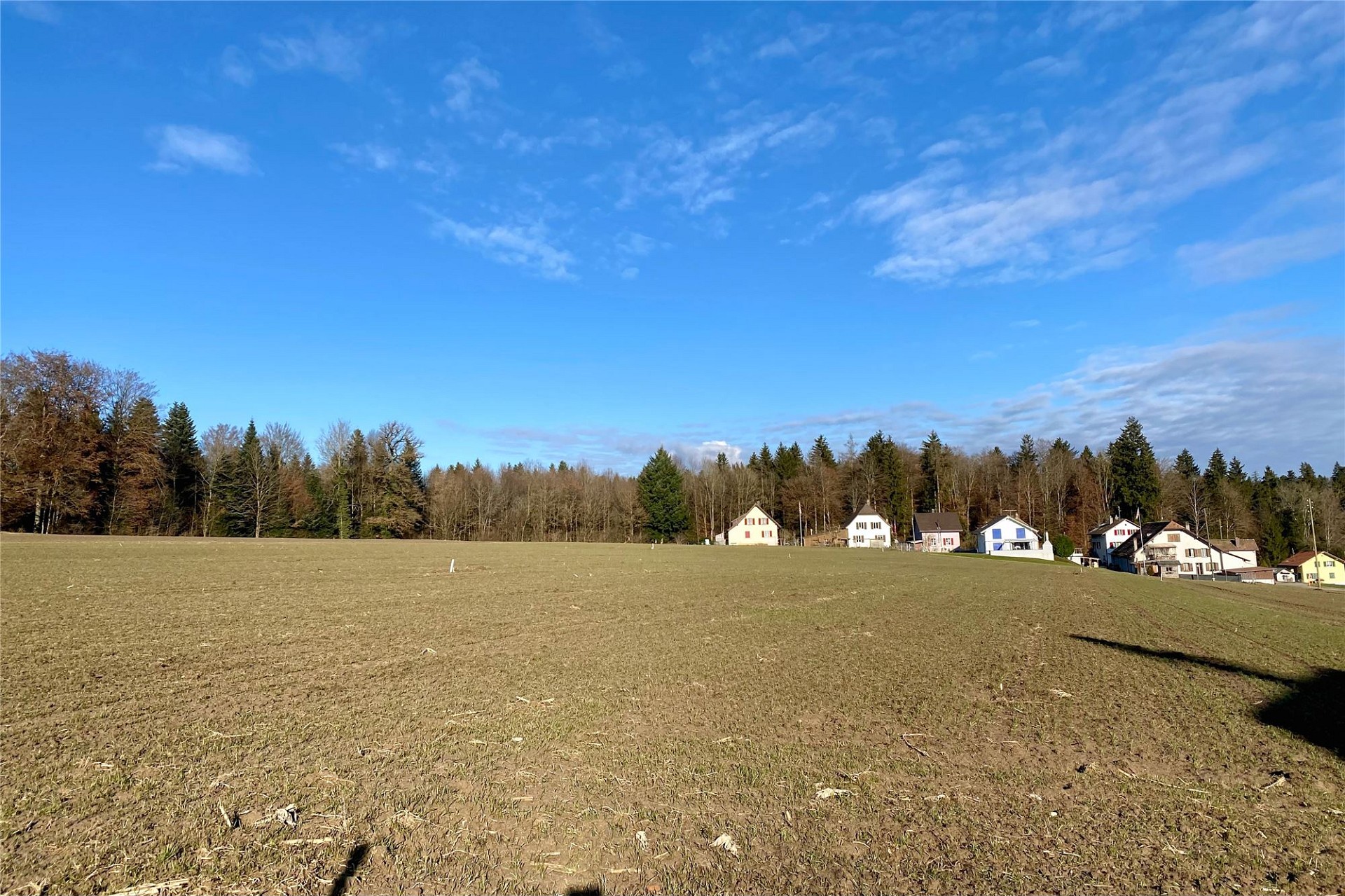 Ländliche Grundstücksfläche mit Ausblick auf Häuser und Wald