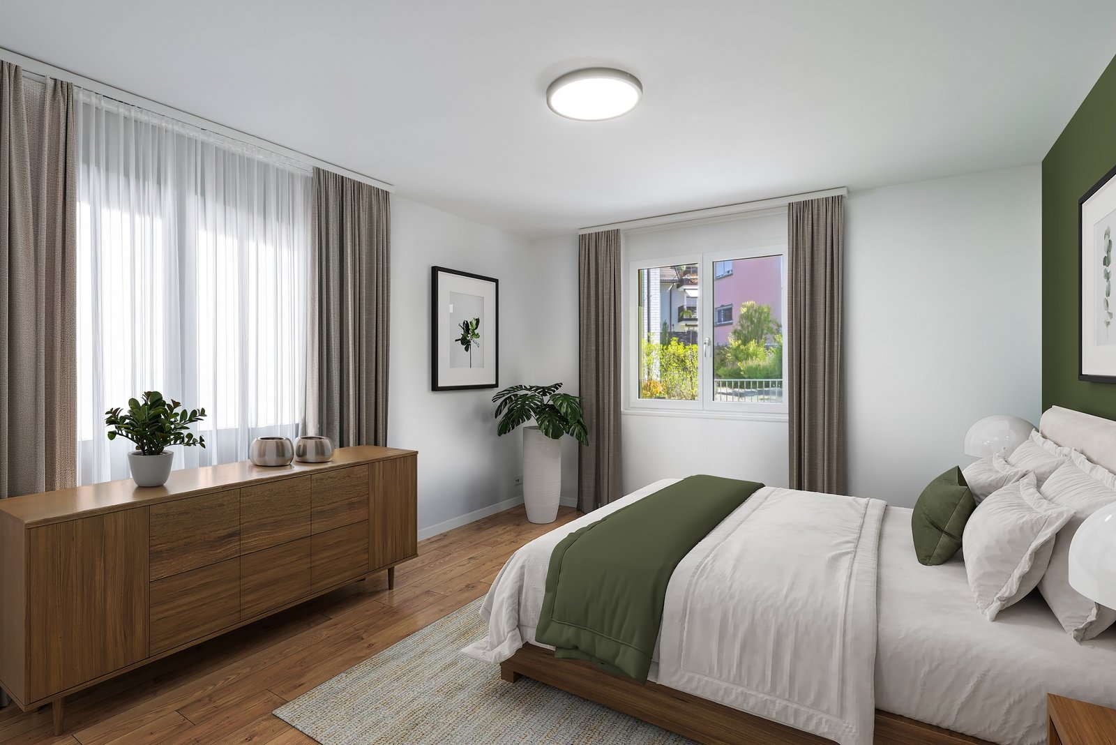 Modernes Schlafzimmer mit grünen Akzenten