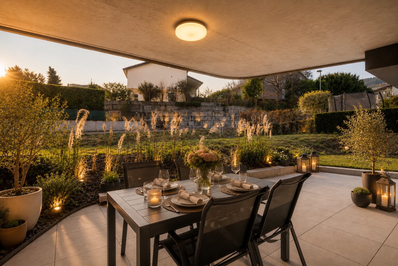 Überdachte Terrasse mit Gartenblick